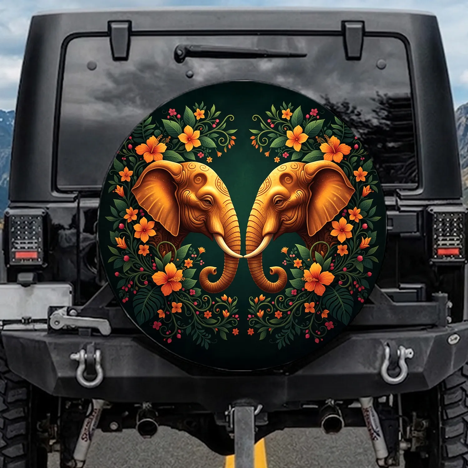 Golden Elephant Tropical Jungle Flowers - Wildlife Lover Gift Spare Tire Cover - 1