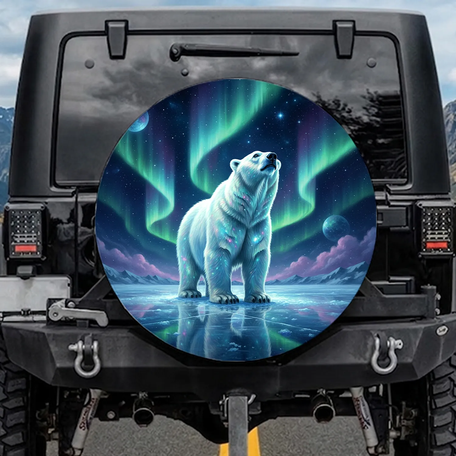 Polar Bear Reflective Ice Cosmic Nebula Aurora Borealis - Wildlife Lover Gift Spare Tire Cover - 1