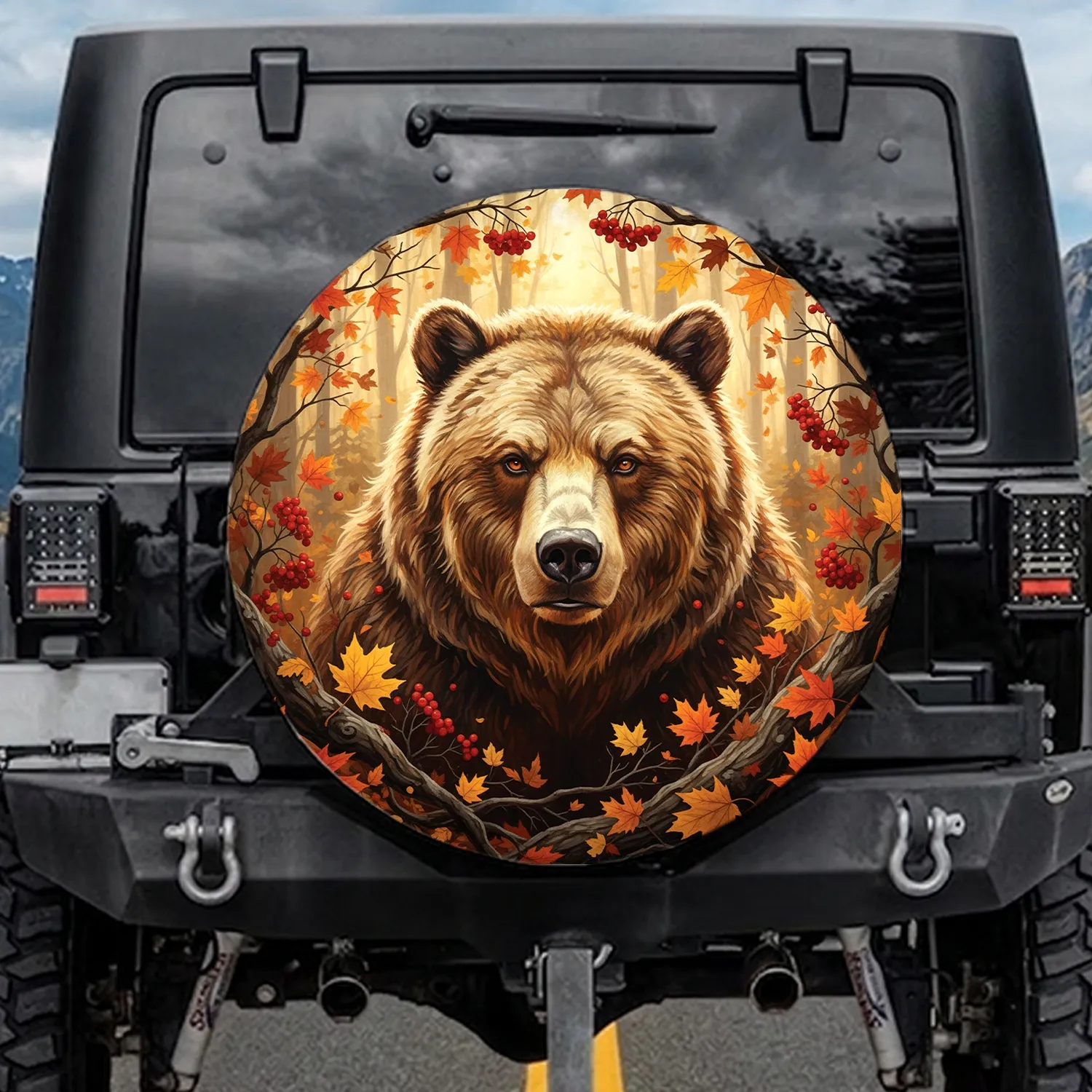 Majestic Grizzly Bear Head Autumn Leaves Wild Berries Forest - Wildlife Lover Gift Spare Tire Cover - 1