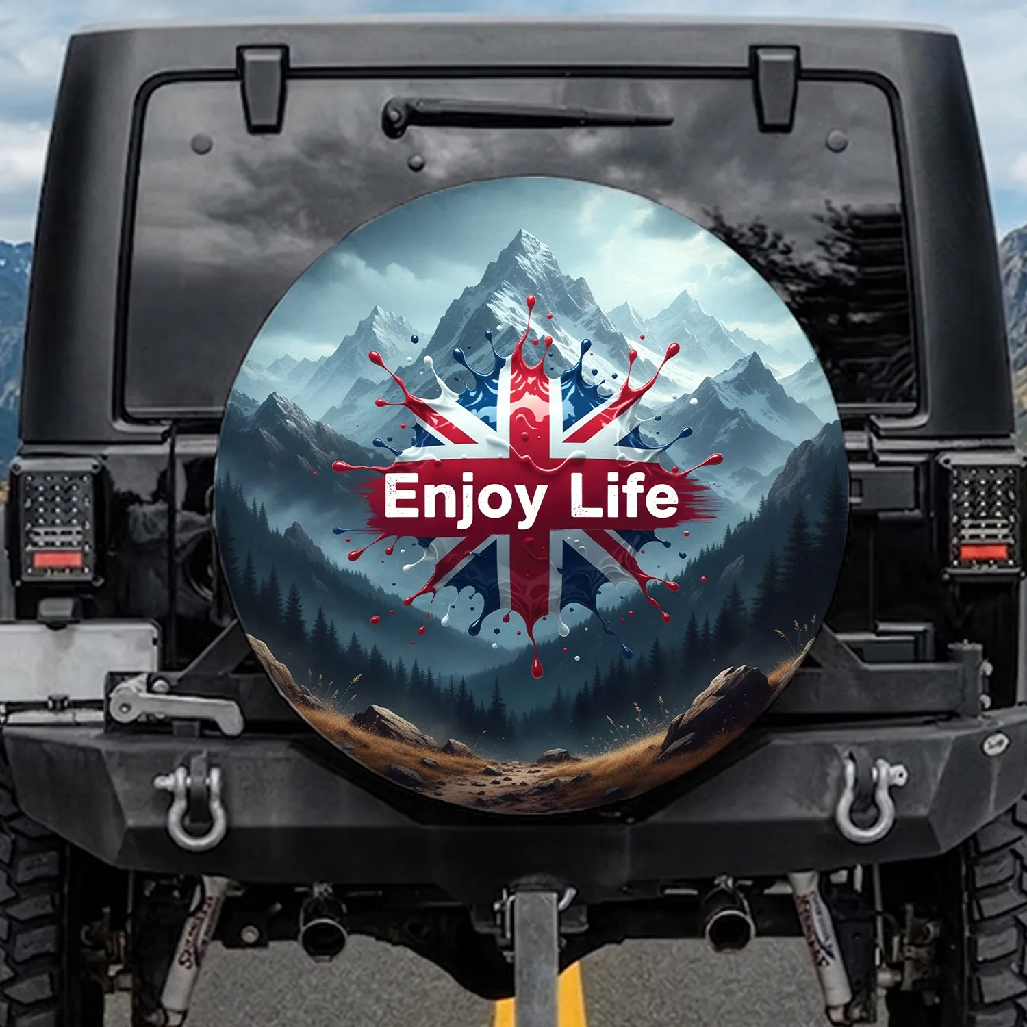Union Jack Mountain Landscape Enjoy Life - Outdoor Adventure Travel Gift Spare Tire Cover - 1