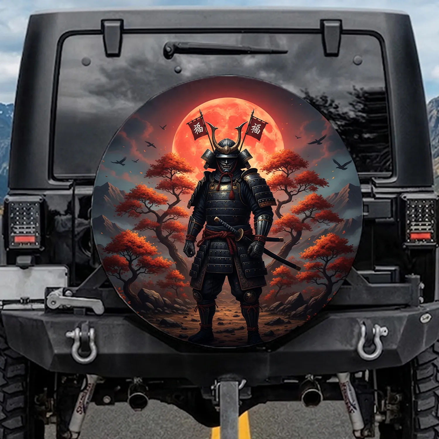Samurai Warrior Horned Helmet Fortune Kanji Autumn Trees - Road Trip Adventure Gift Spare Tire Cover - 1