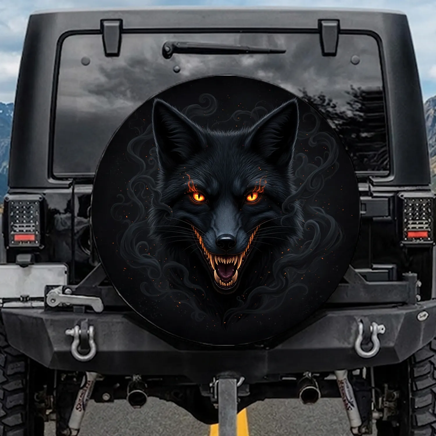 Menacing Black Fox Fiery Orange Eyes Sinister Fangs Shadowy Fur - Fox Lover Gift Spare Tire Cover - 1