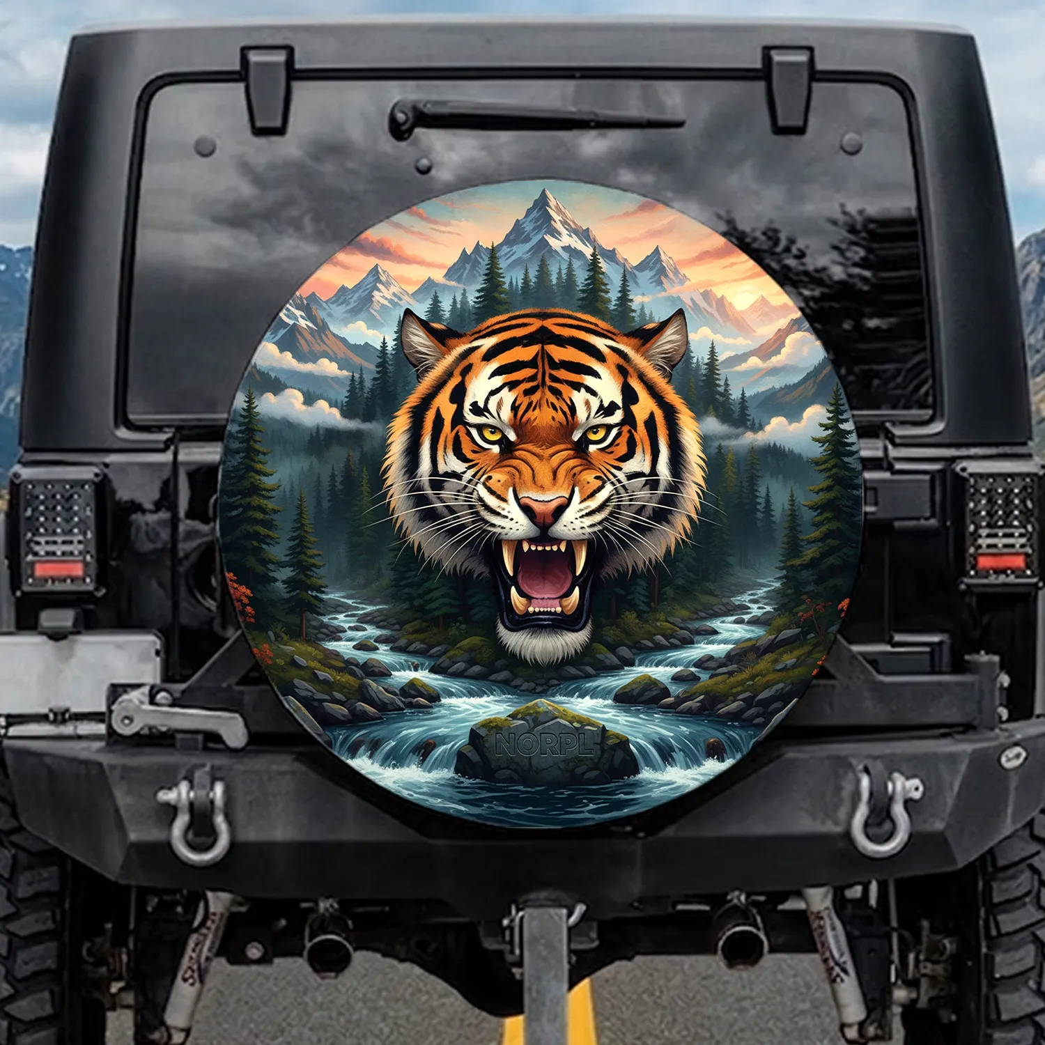 Roaring Tiger Head Mountain River Vista - Wildlife Lover Gift Spare Tire Cover - 1