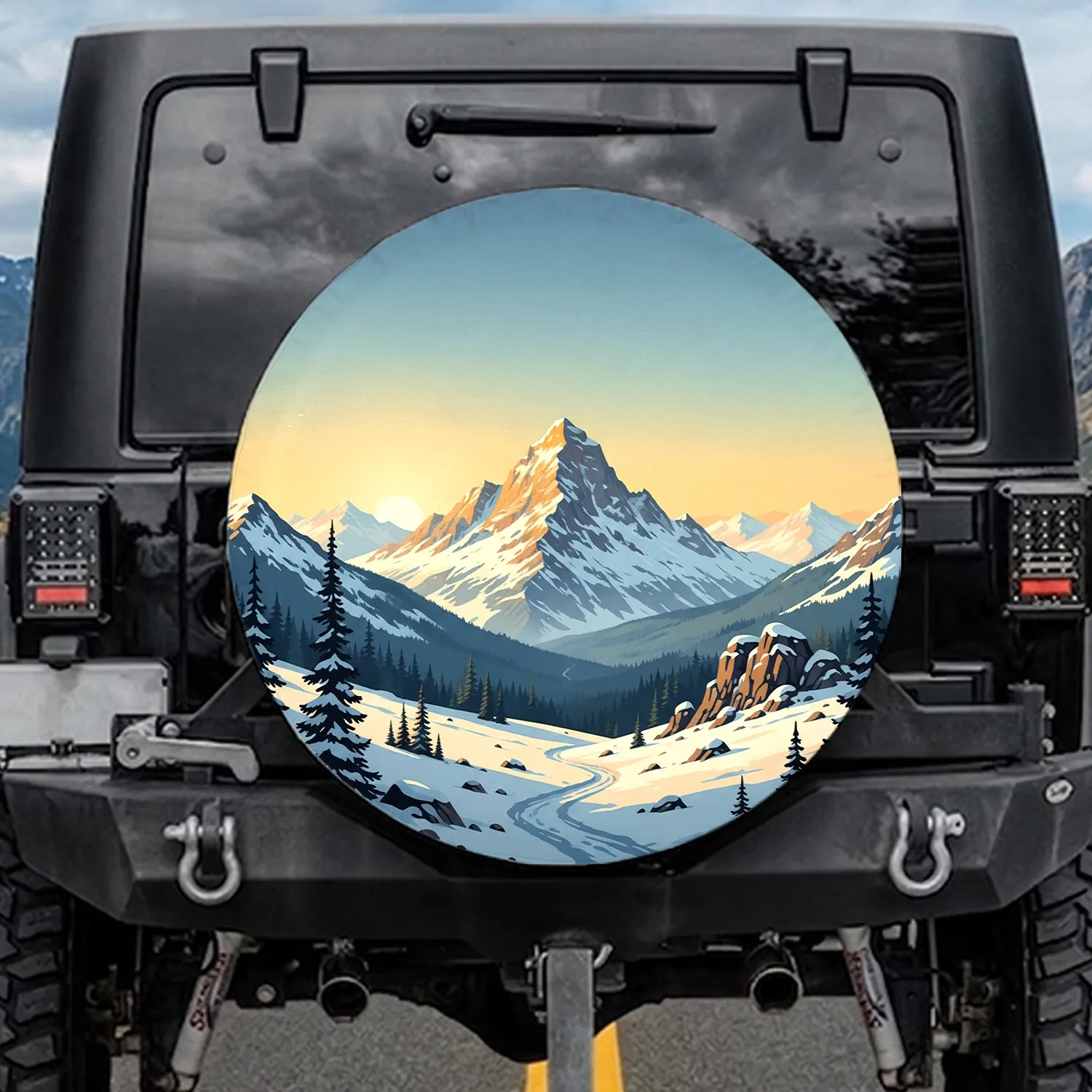 Snow-Capped Mountain Range Forest Journey - Outdoor Explorer Travel Essentials Spare Tire Cover - 1