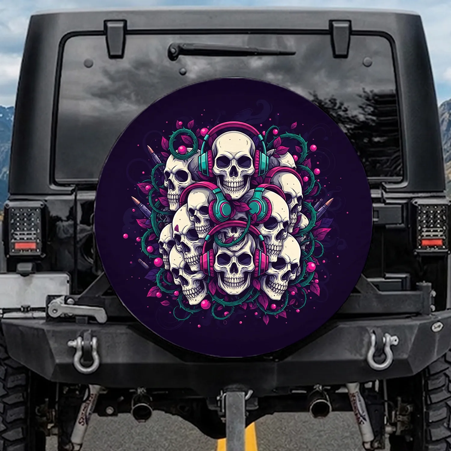 Interlocking Skulls Headphones Thorny Vines Leaves - Gothic Car Decor Gift Spare Tire Cover - 1