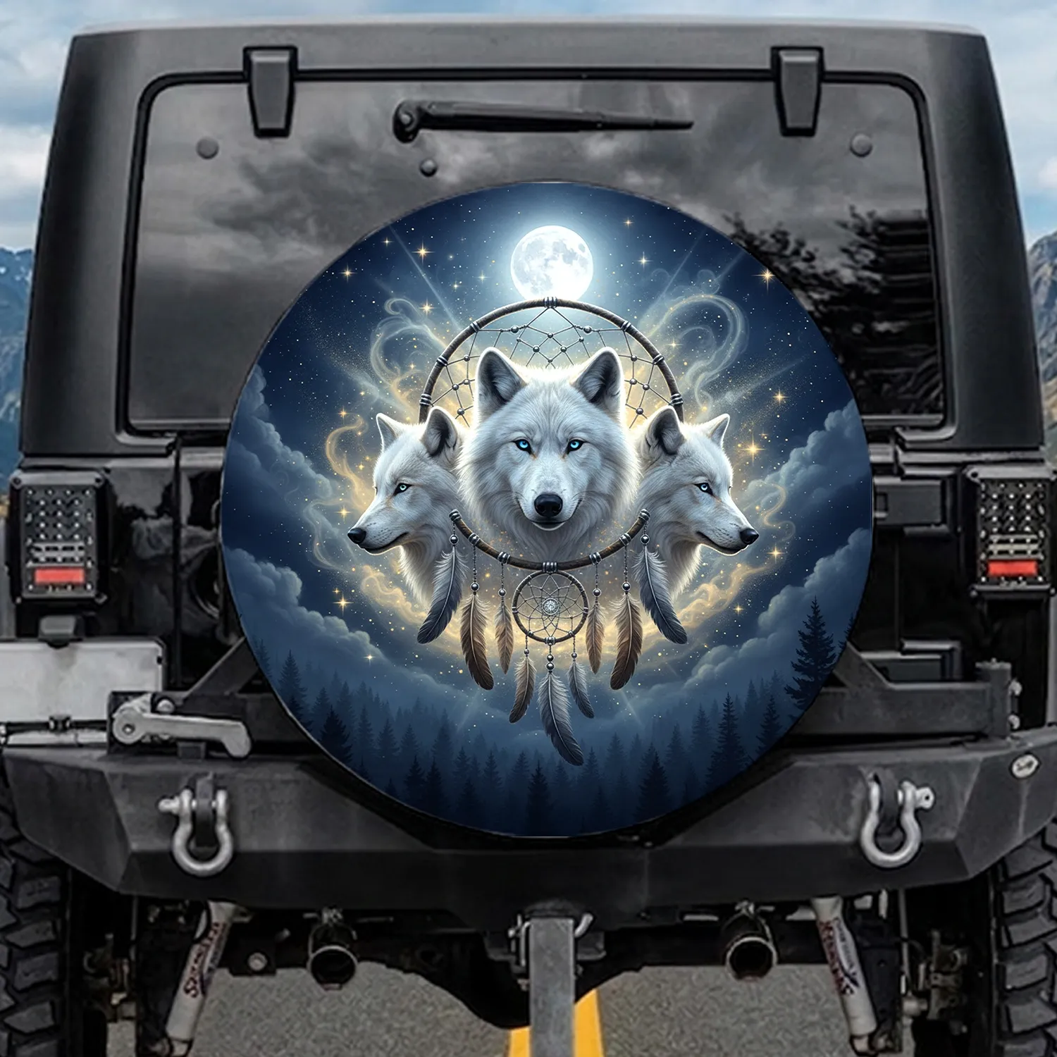 Trio White Wolves Dreamcatcher Blue Eyes Full Moon Pine Forest - Wildlife Lover Gift Spare Tire Cover - 1