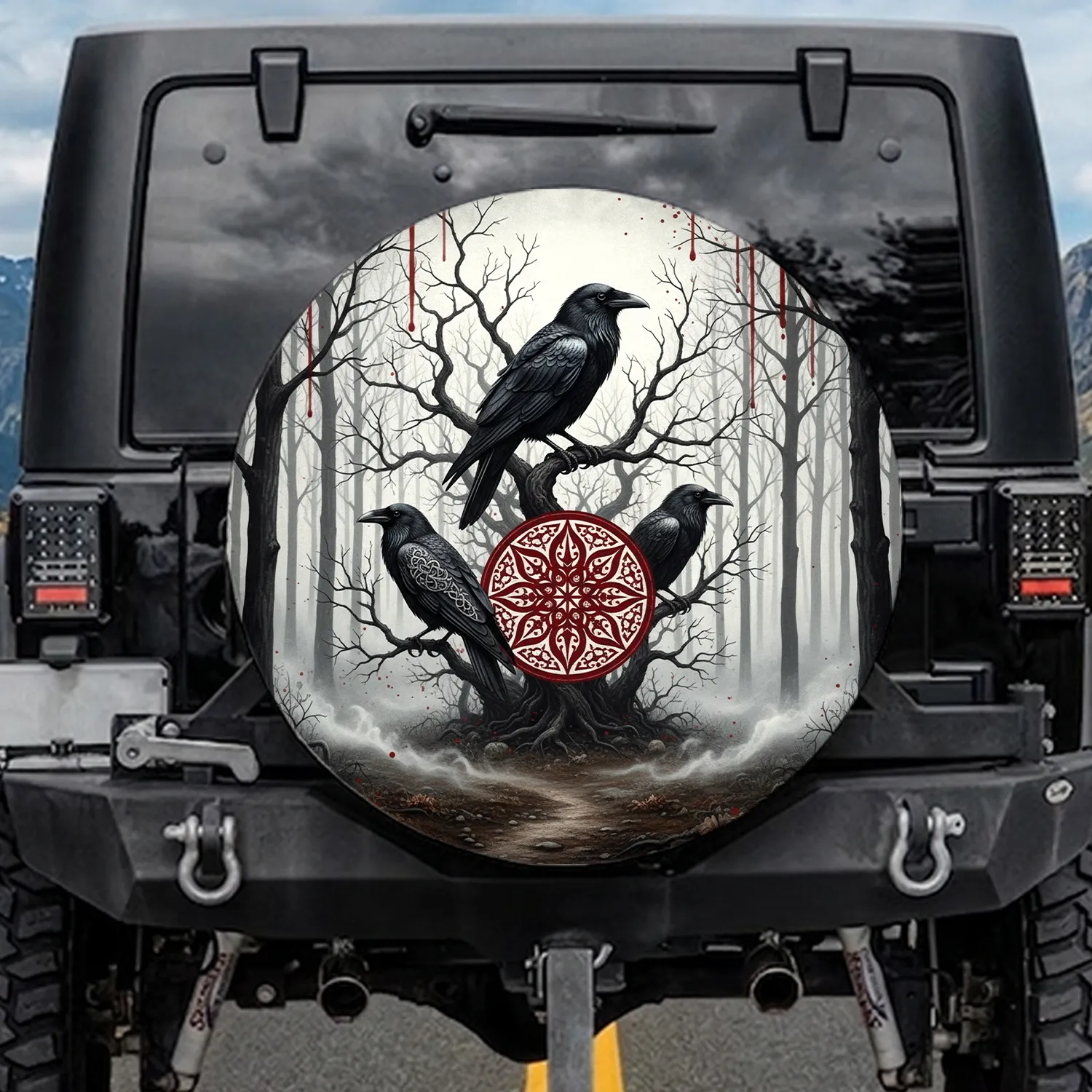 Black Ravens Crimson Emblem Ancient Trees Eerie Forest - Dark Fantasy Fan Gift Spare Tire Cover - 1