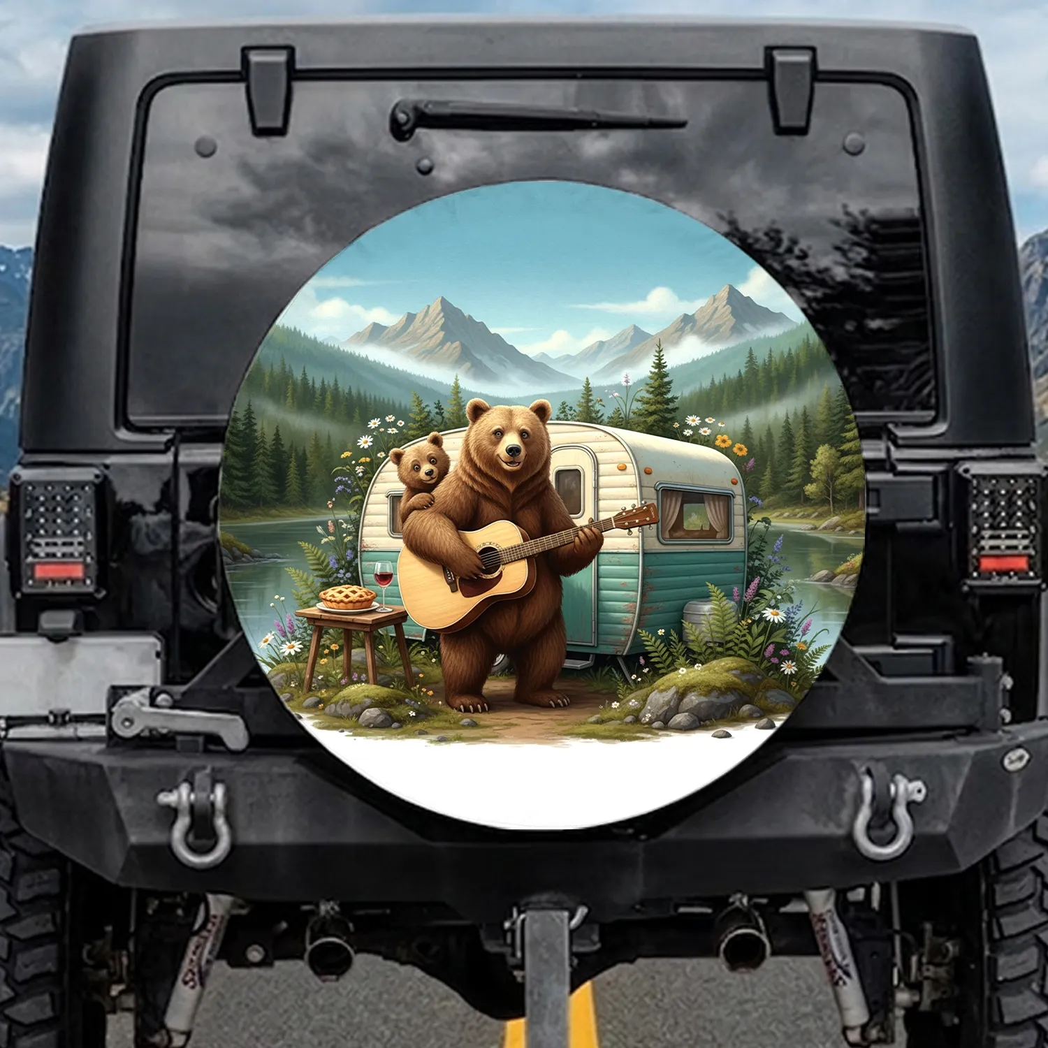 Brown Bear Guitar Camper Wildflower Forest - Camping Lover Gift Spare Tire Cover - 1