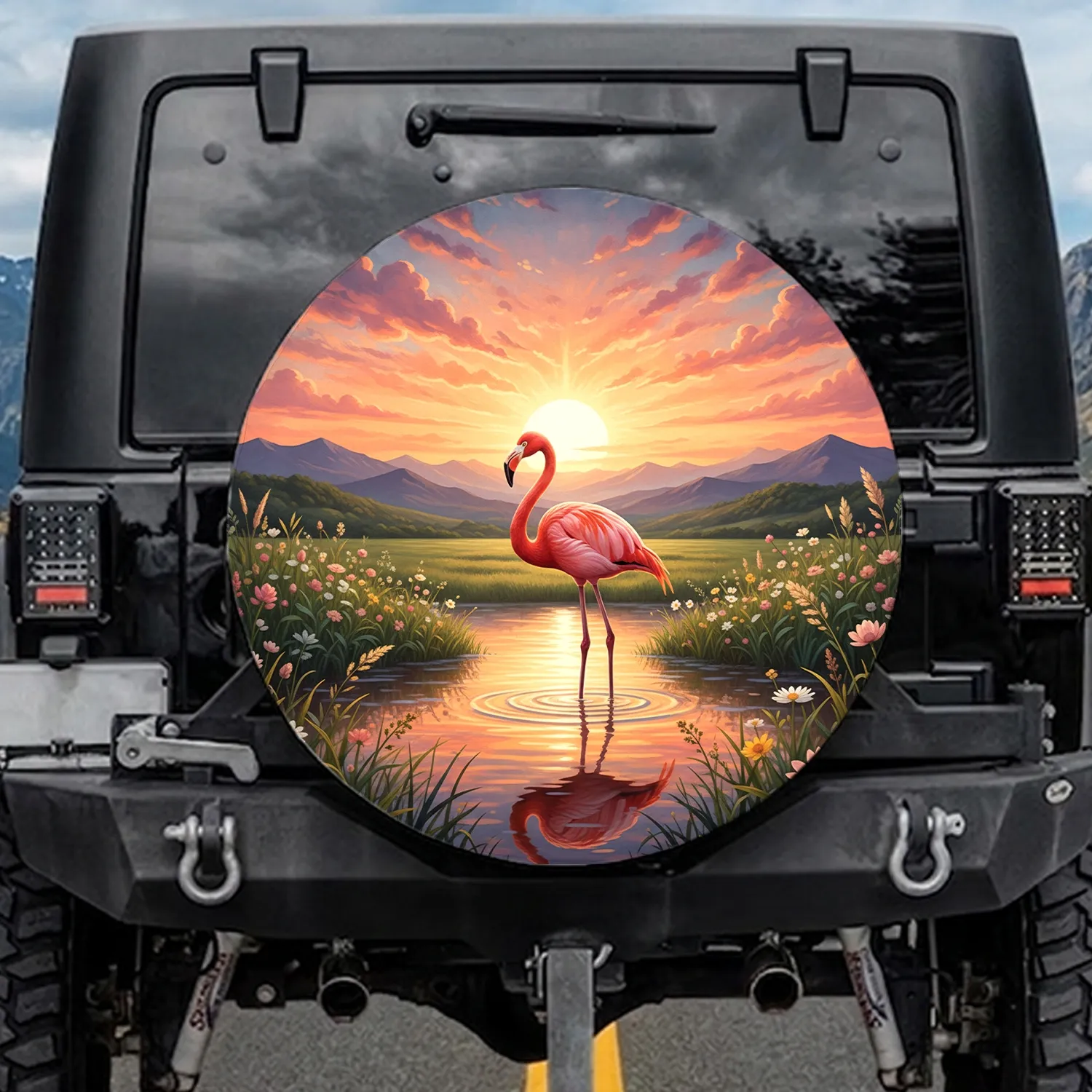 Pink Flamingo Wetland Sunset Landscape - Wildlife Lover Gift Spare Tire Cover - 1