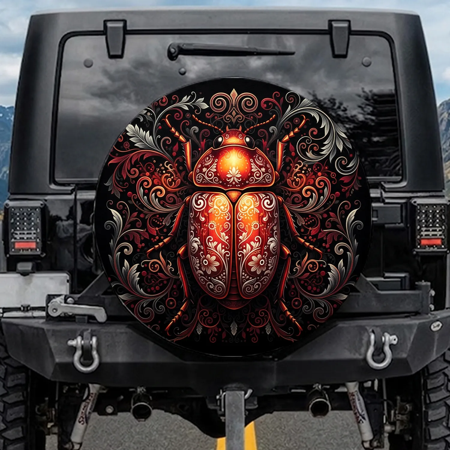 Deep Red Orange Jewel Beetle Floral Paisley Filigree - Luxury Car Decor Gift Spare Tire Cover - 1