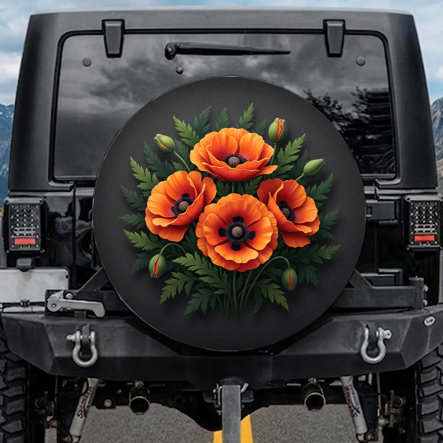 Realistic Orange Poppy Flowers Lush Greenery - Nature Lover Car Decor Gift Spare Tire Cover - 1