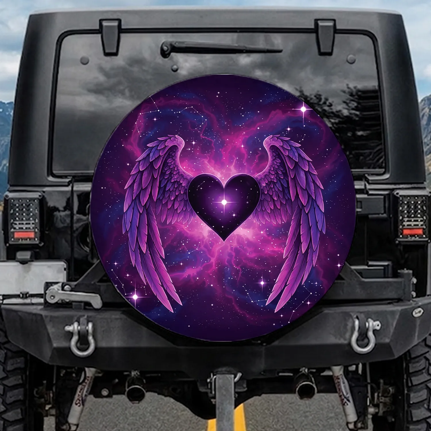 Black Heart Purple Core Feathered Wings Cosmic Nebula Stars - Celestial Car Decor Gift Spare Tire Cover - 1