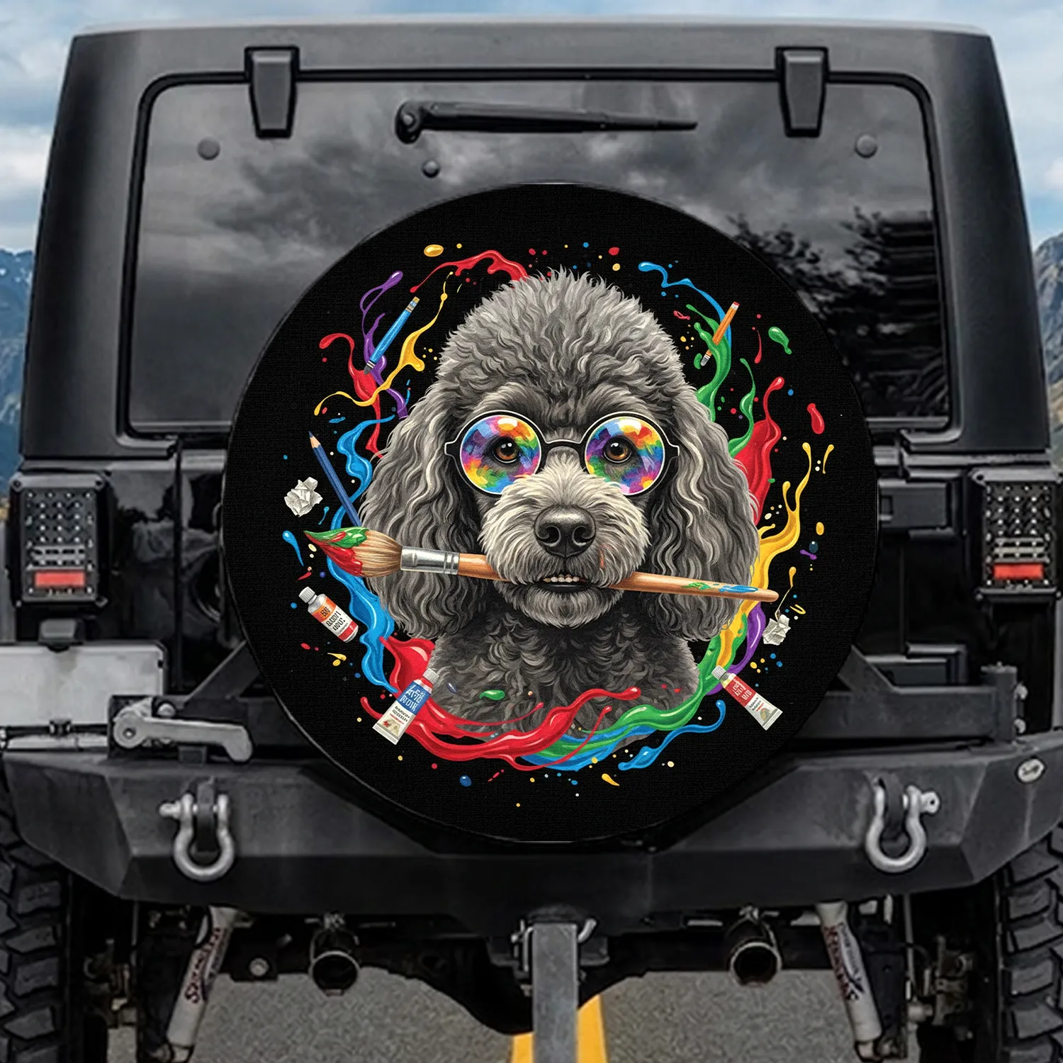 Grey Poodle Head Glasses Paintbrush - Art Studio For Artists Spare Tire Cover - 1