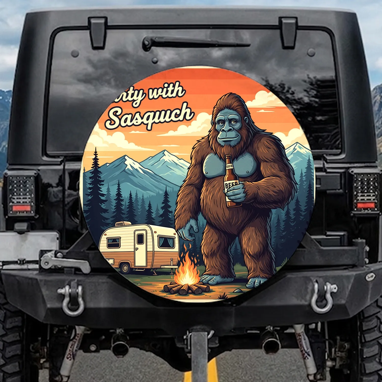 Sasquatch Beer Campfire Teardrop Camper - Outdoor Adventure Gift for Camper Spare Tire Cover - 1
