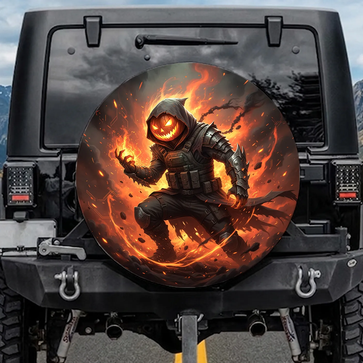 Hooded Jack-O-Lantern Warrior Fiery Aura Smoke Embers - Halloween Decor Gift Spare Tire Cover - 1