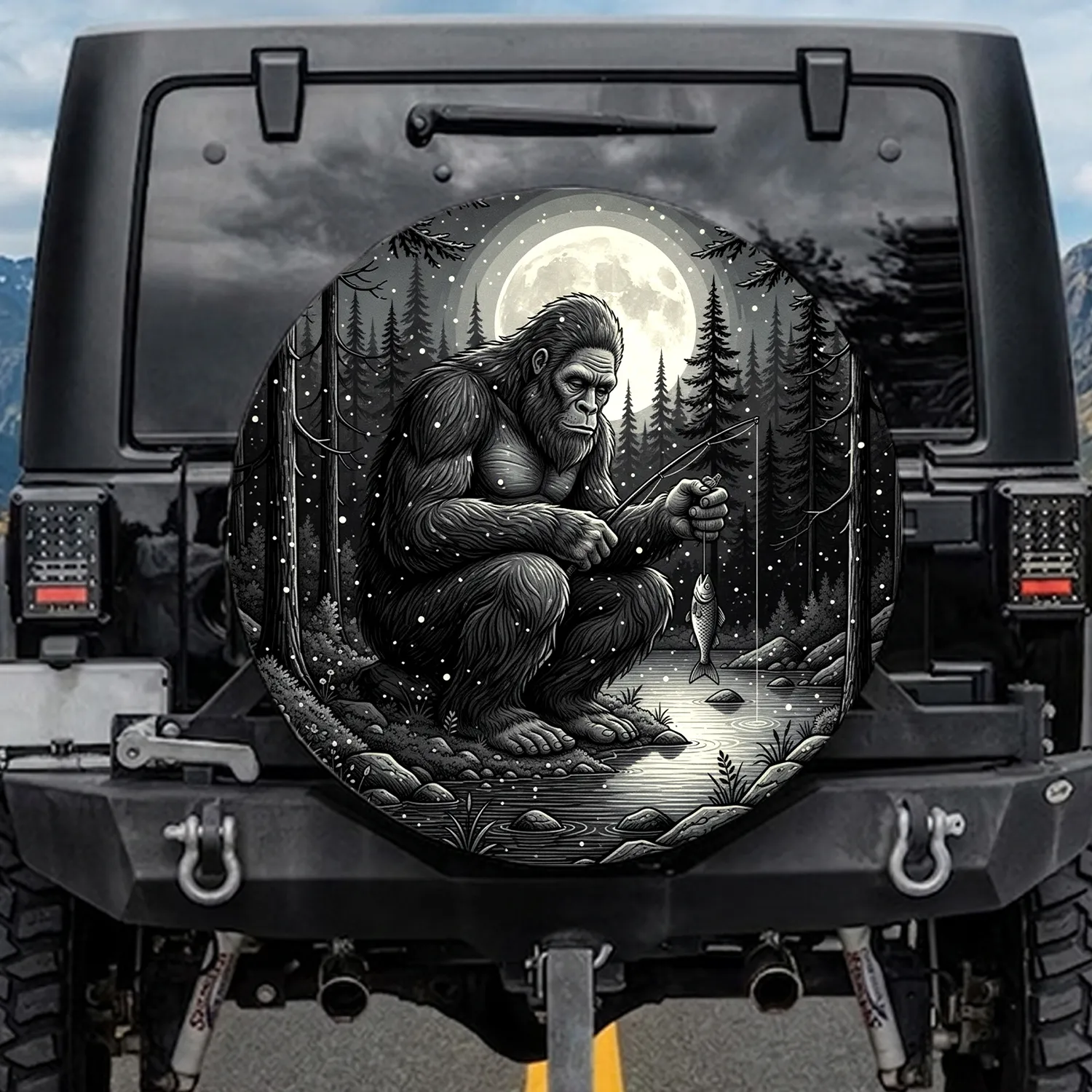 Bigfoot Fishing Lake Moonlit Forest - Wildlife Lover Gift Spare Tire Cover - 1
