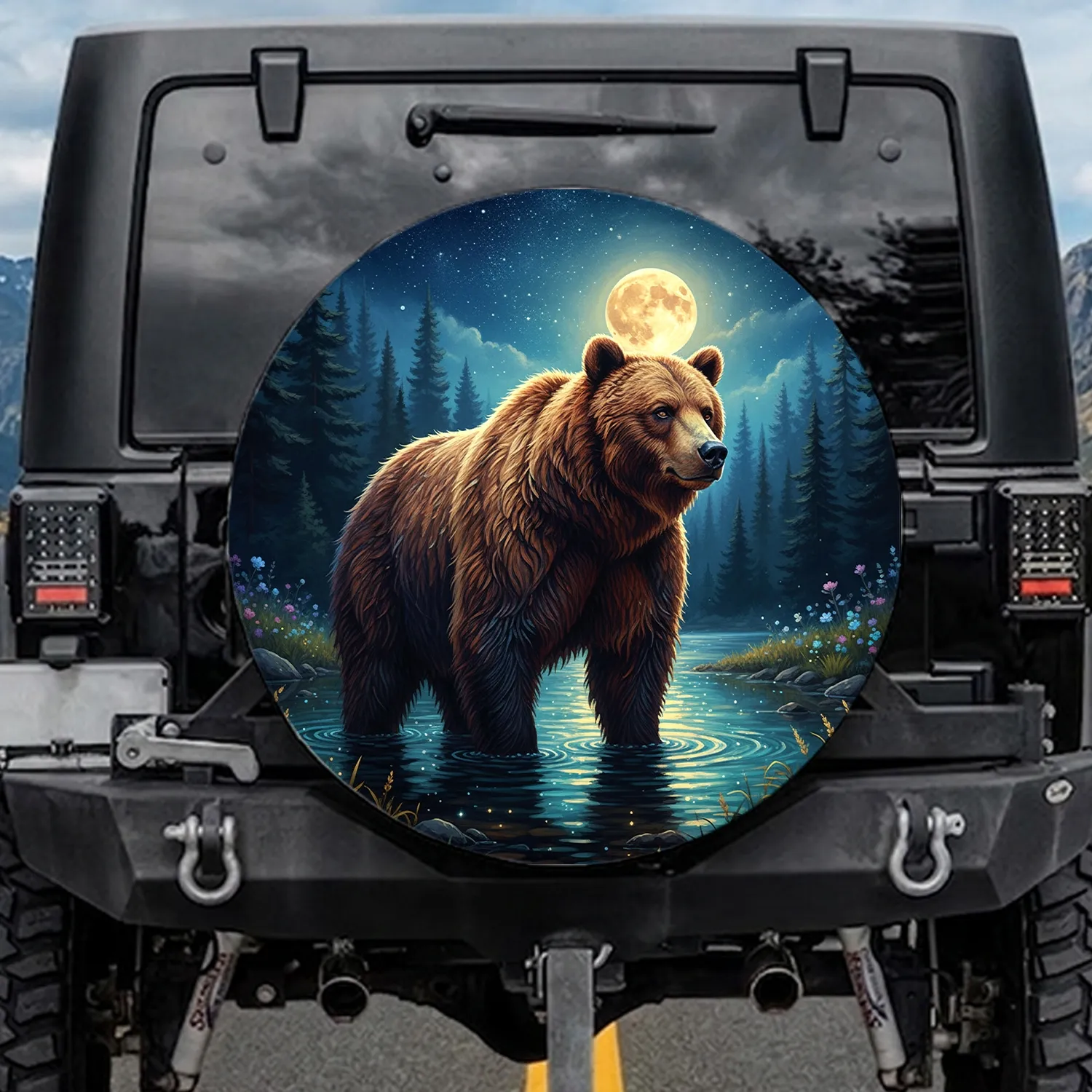 Majestic Brown Bear Starry Night Forest Reflections - Wildlife Lover Gift Spare Tire Cover - 1