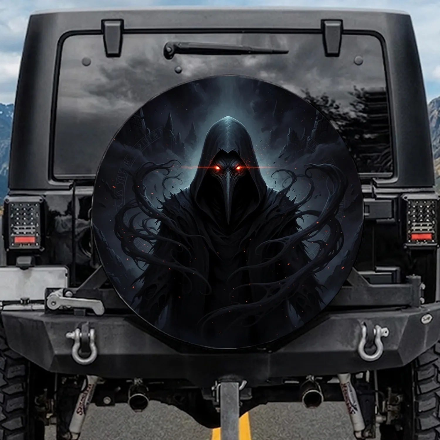 Ominous Cloaked Figure Fiery Eyes Mask - Swirling Shadows Dark Fantasy Decor Gift Spare Tire Cover - 1