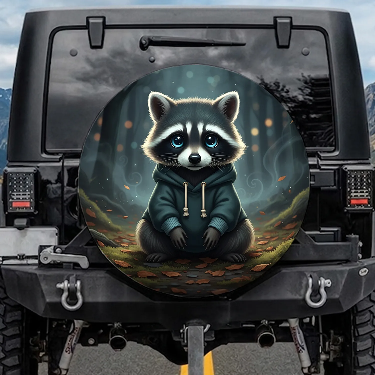 Fluffy Baby Raccoon In Dark Teal Hoodie Blue Eyes - Rustic Nocturnal Forest Wildlife Lover Gift Spare Tire Cover - 1
