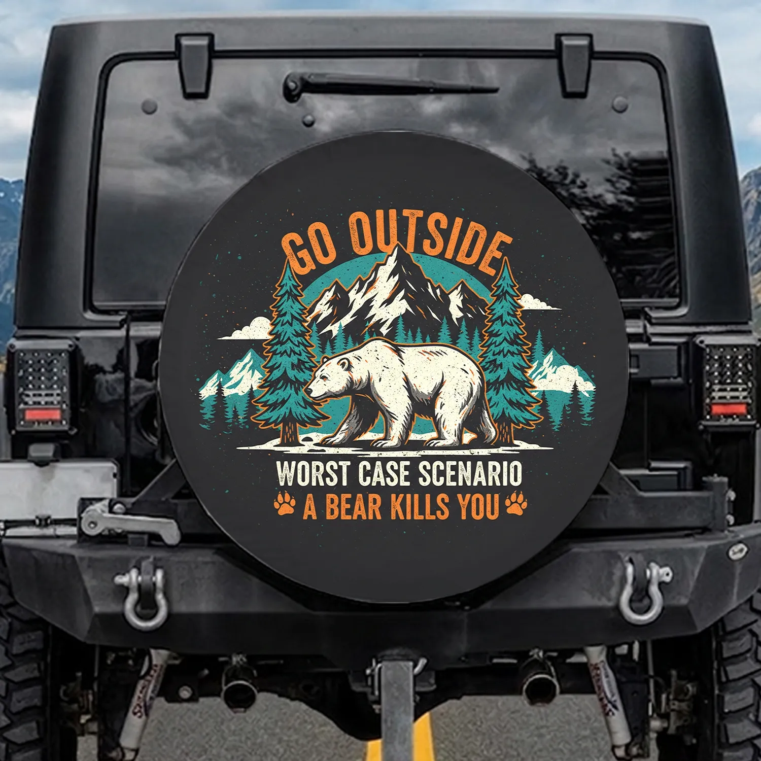 White Bear Snow Mountains Pine Trees Go Outside A Bear Kills You - Wilderness Lover Gift Spare Tire Cover - 1
