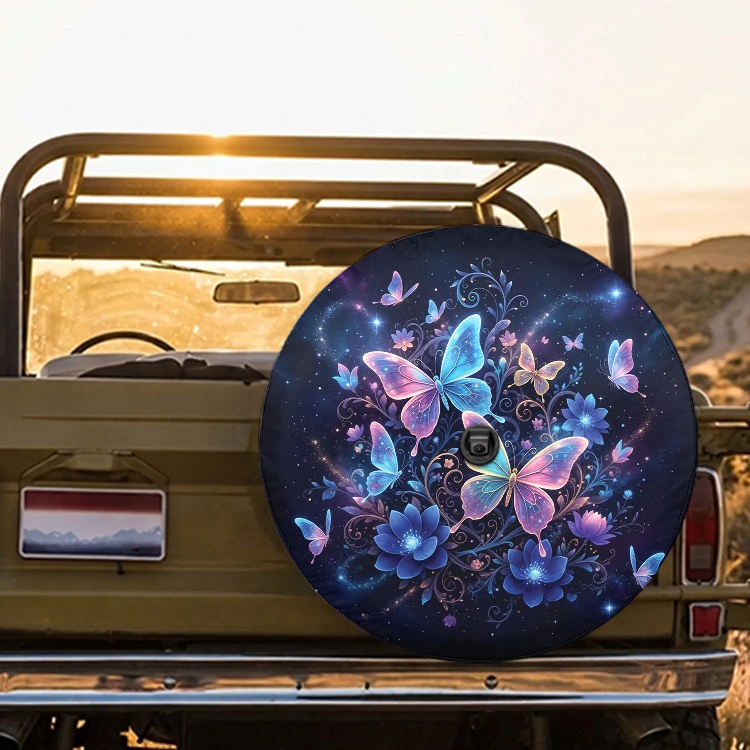 Iridescent Butterflies Luminous Fantasy Flowers Cosmic Night Sky - Nature Lover Gift Spare Tire Cover - 1
