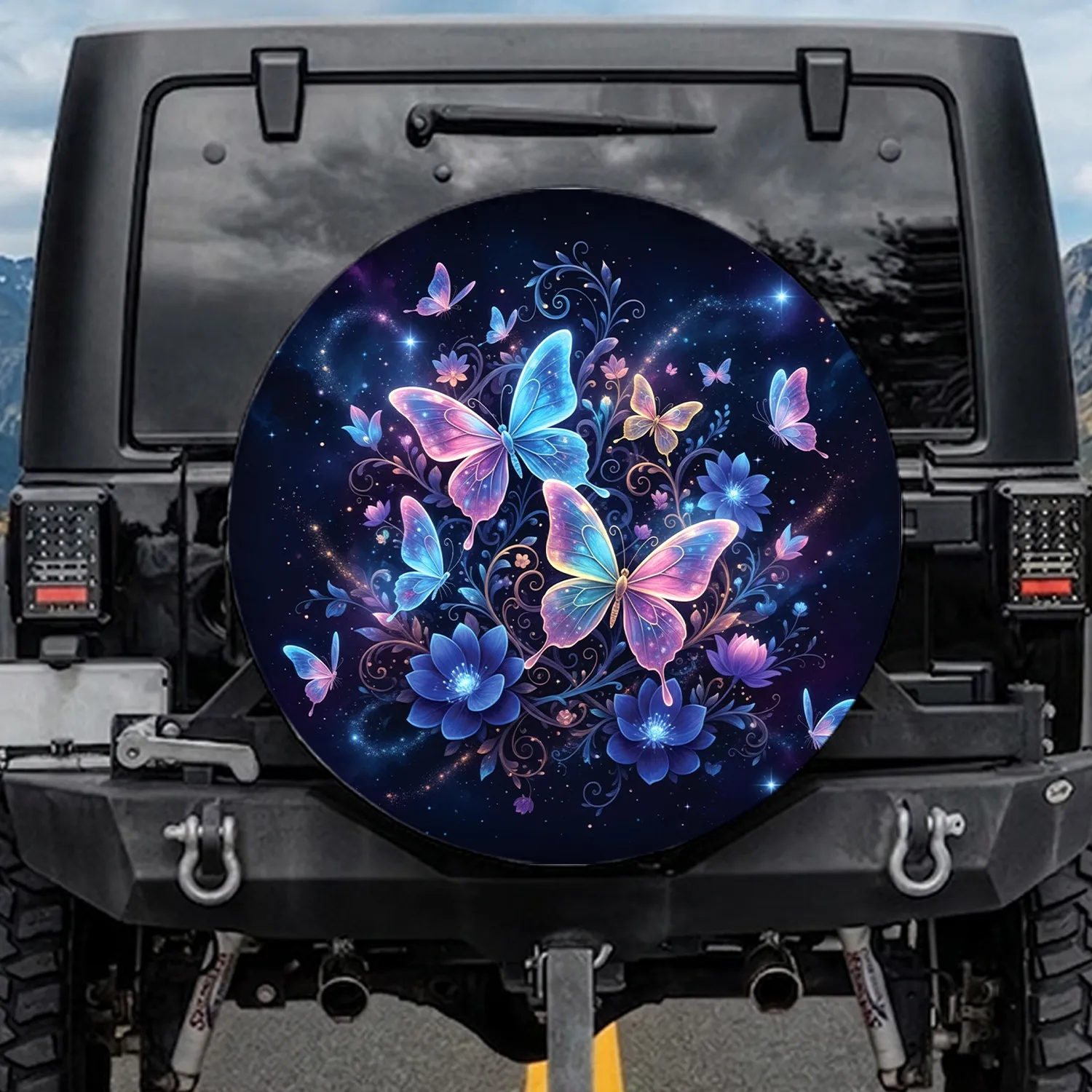Iridescent Butterflies Luminous Fantasy Flowers Cosmic Night Sky - Nature Lover Gift Spare Tire Cover - 1