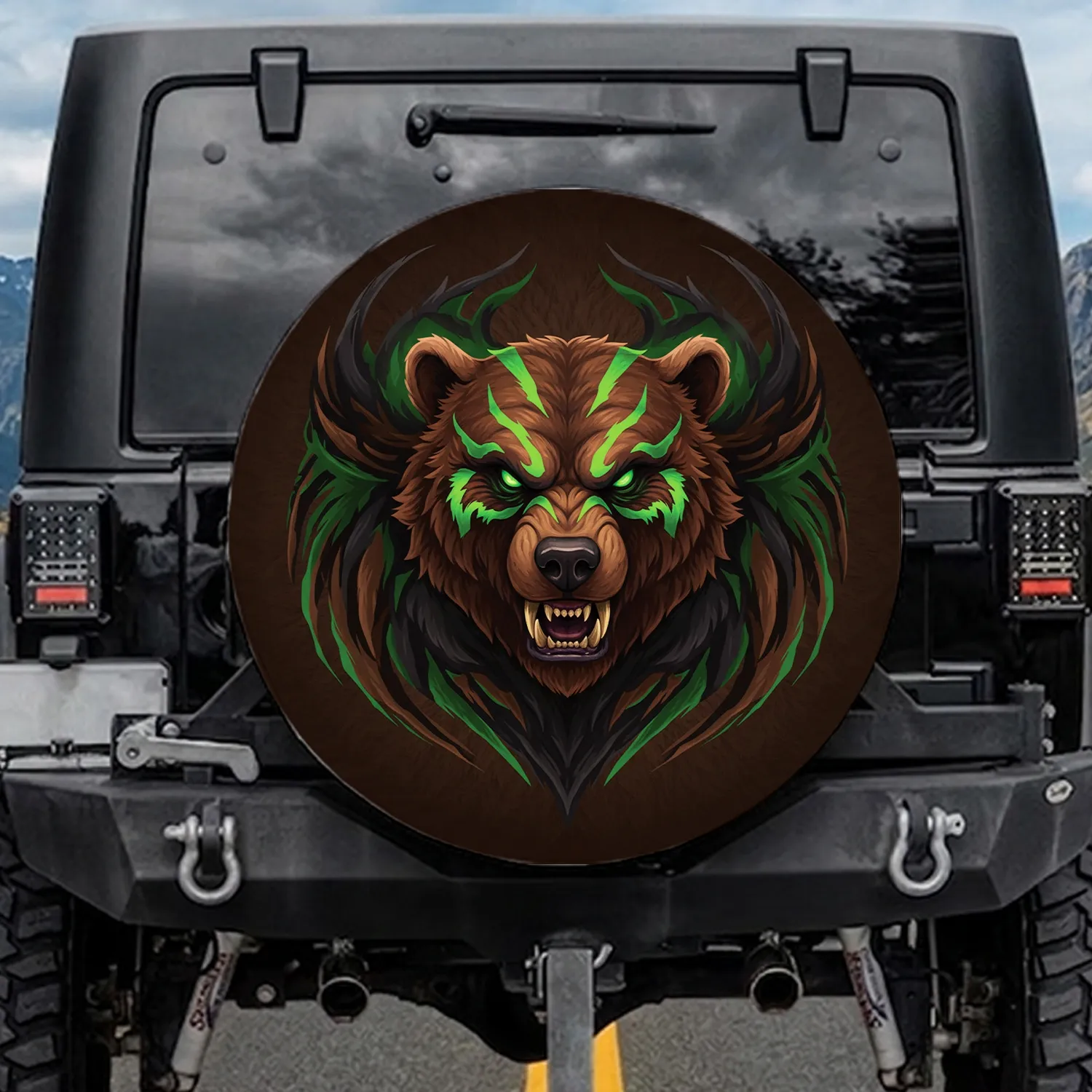 Brown Wolverine Bear Head Green Eyes Green Stripes - Outdoor Enthusiast Gift Spare Tire Cover - 1