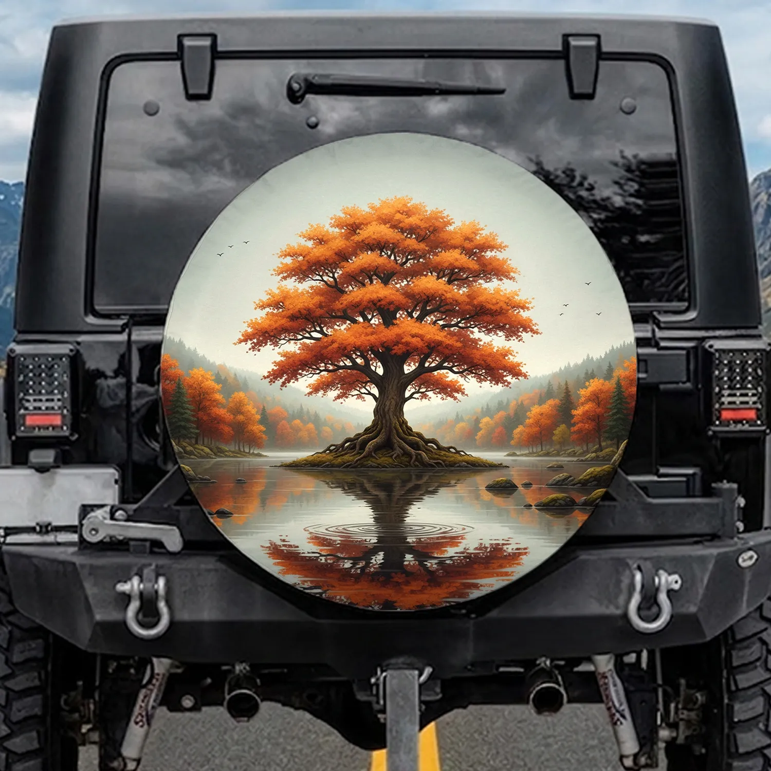 Fiery Orange Autumn Tree Gnarled Roots Misty Hills Still Water - Nature Lover Gift Spare Tire Cover - 1
