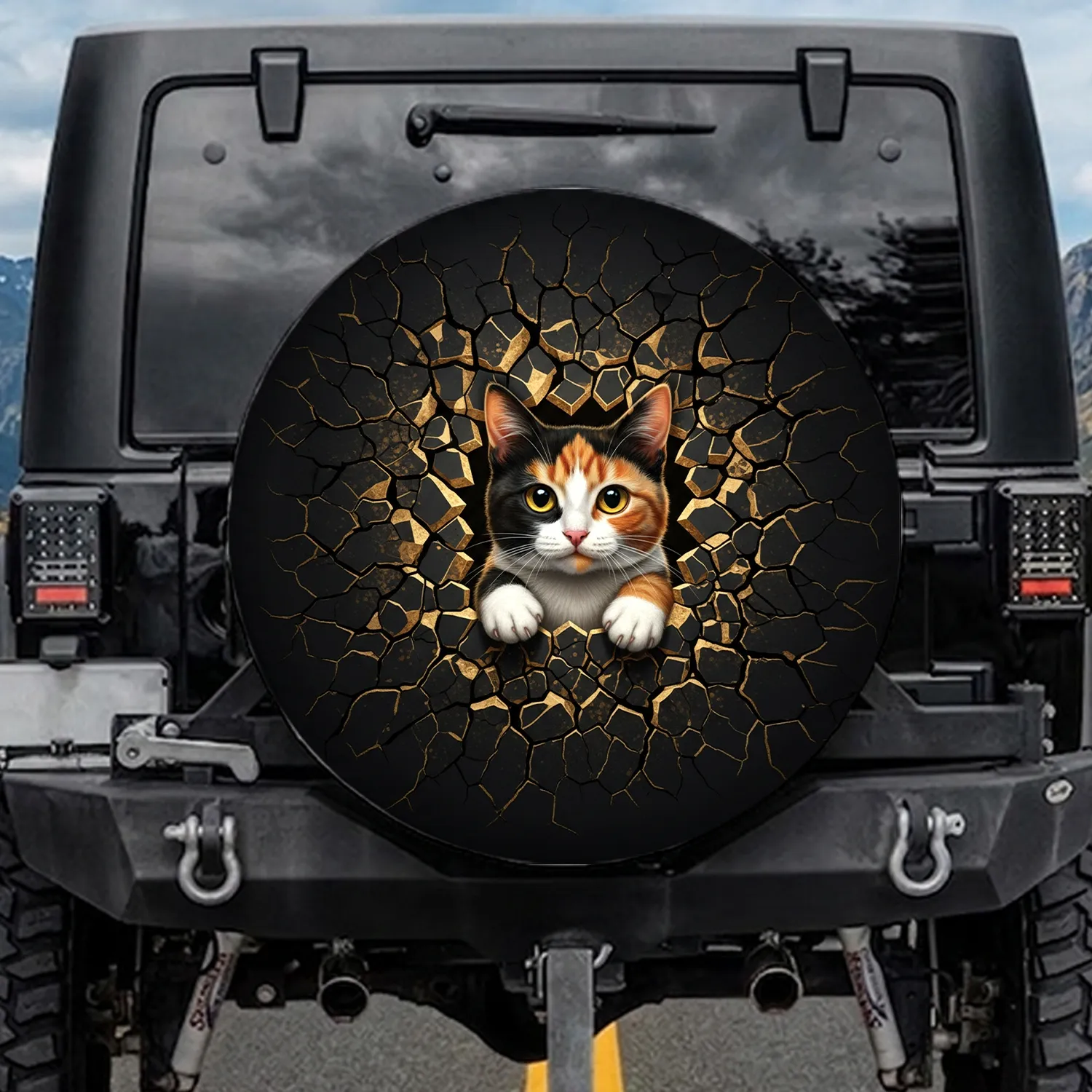 Calico Cat Cracked Surface Golden Light - Everyday Cat Lover Gift Spare Tire Cover - 1