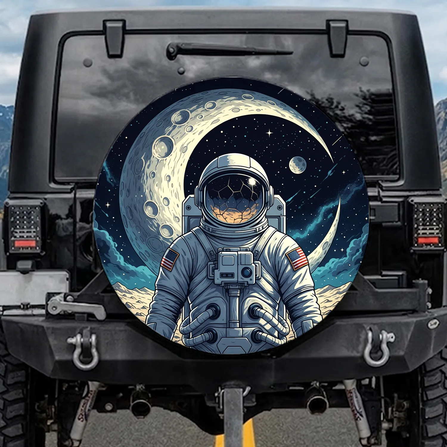 Astronaut American Flag Space Moon Lunar Landscape - Retro Explorer Gift Spare Tire Cover - 1
