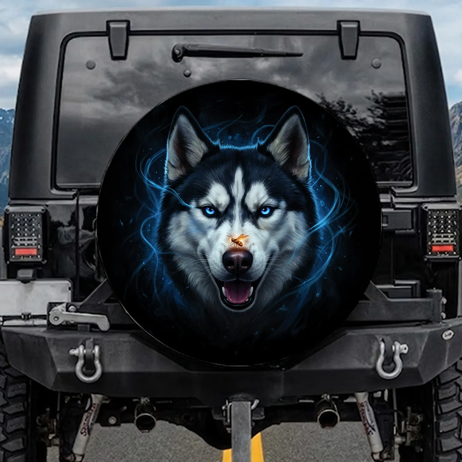 Siberian Husky Blue Eyes Firefly Blue Light Dark Void Wildlife Lover Gift For Husky Lovers Spare Tire Cover - 1