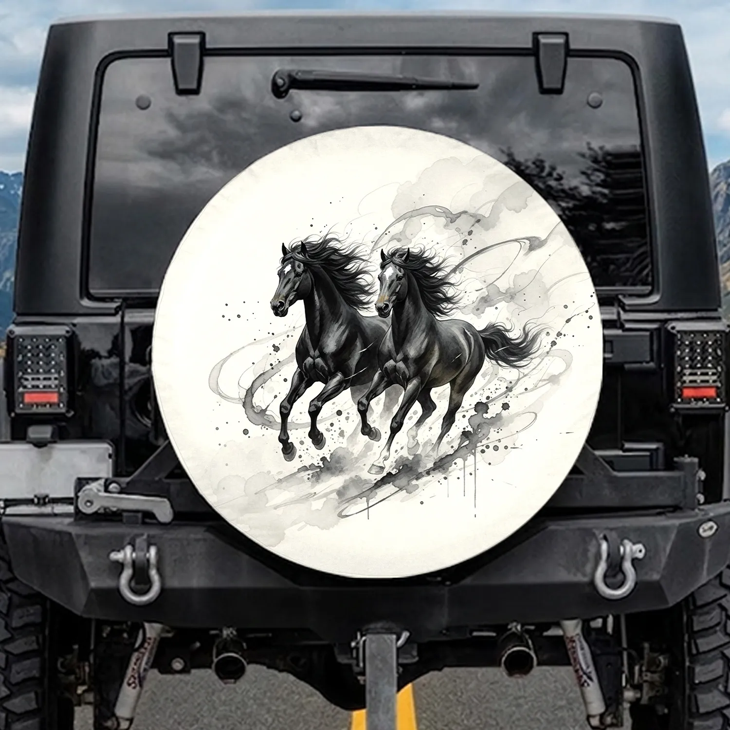 Black & Grey Galloping Wild Horses - Wildlife Lover Gift Spare Tire Cover - 1
