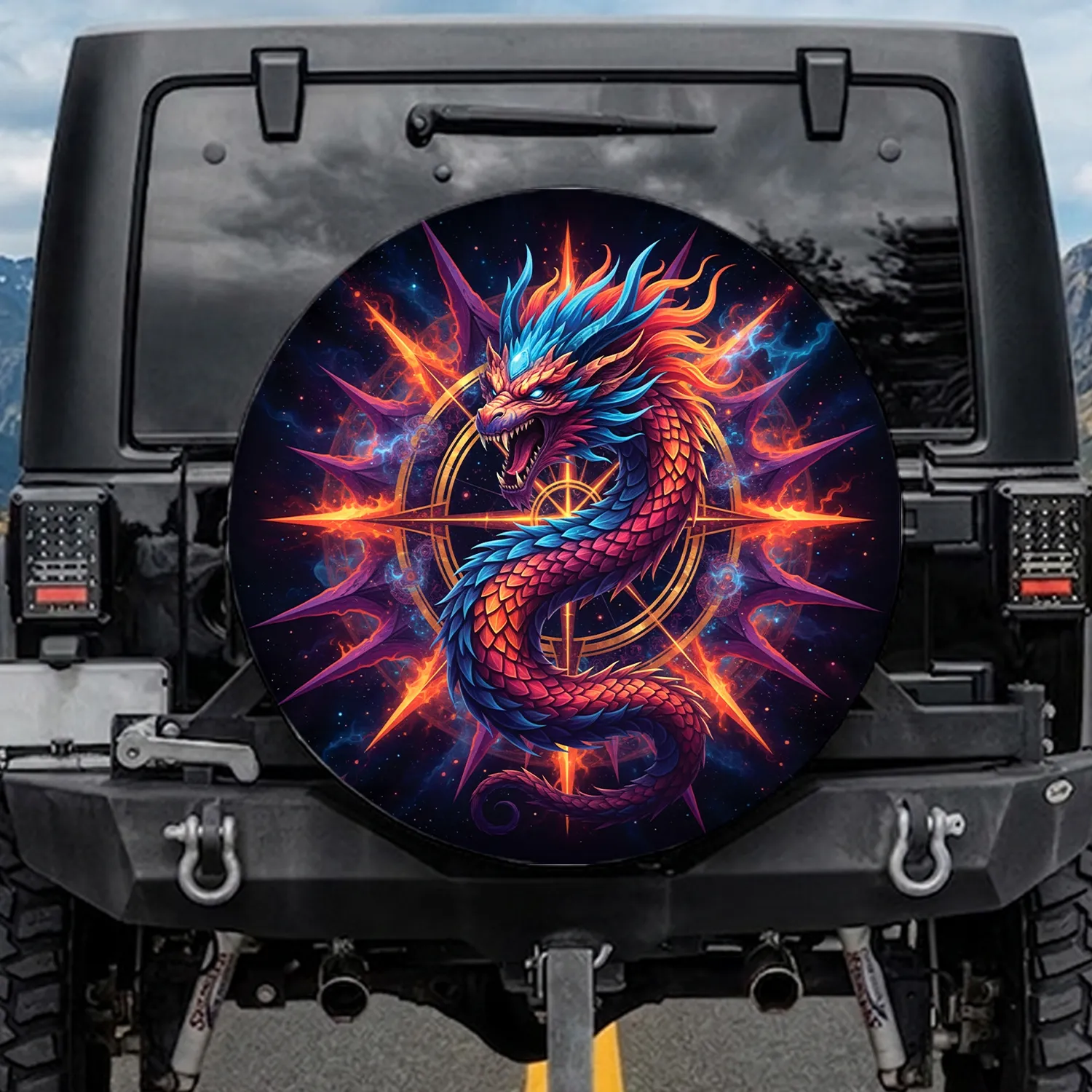 Roaring Dragon Horns Spikes Cosmic Compass Rose - Fantasy Lover Vehicle Accessory Spare Tire Cover - 1