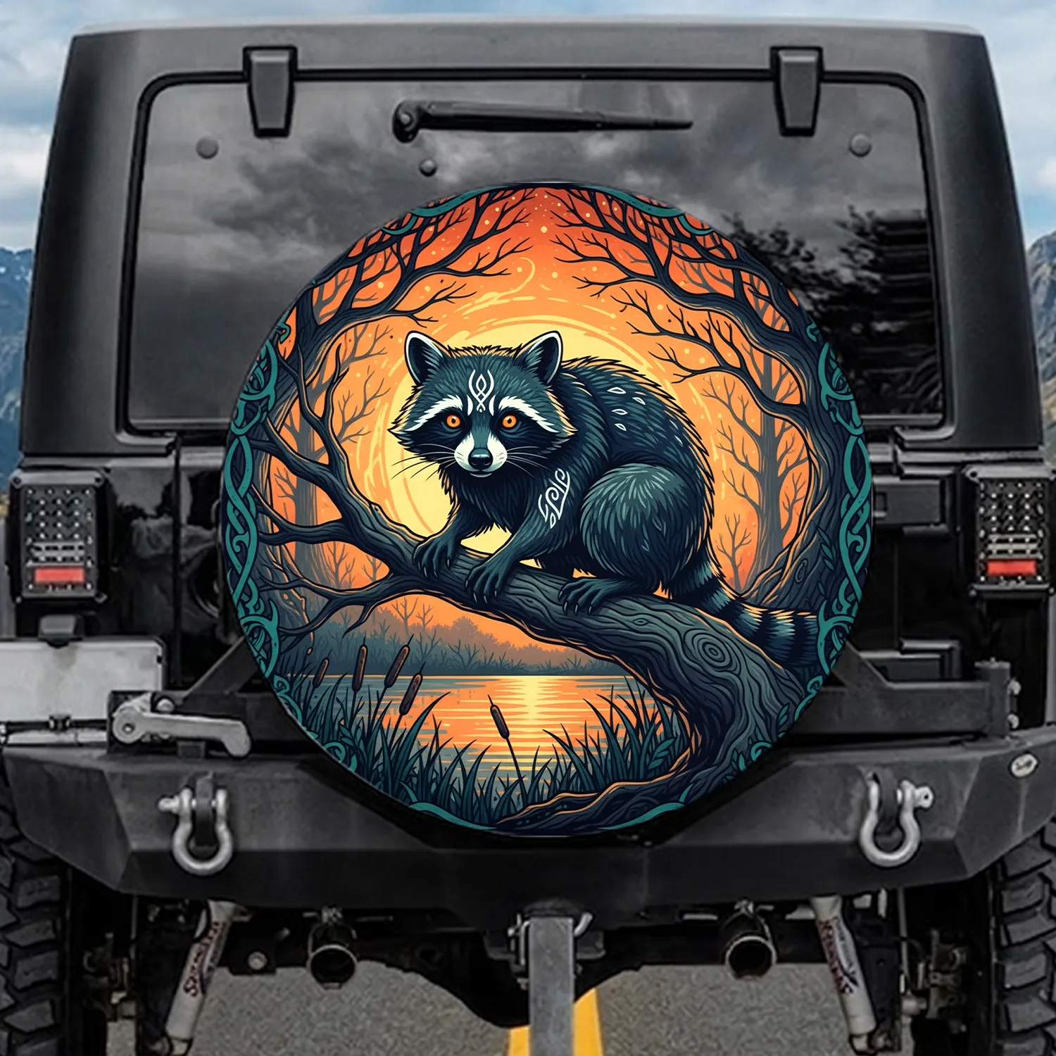 Mystical Raccoon Gnarled Branch Sunset Marsh Enchanted Forest - Wildlife Lover Gift Spare Tire Cover - 1