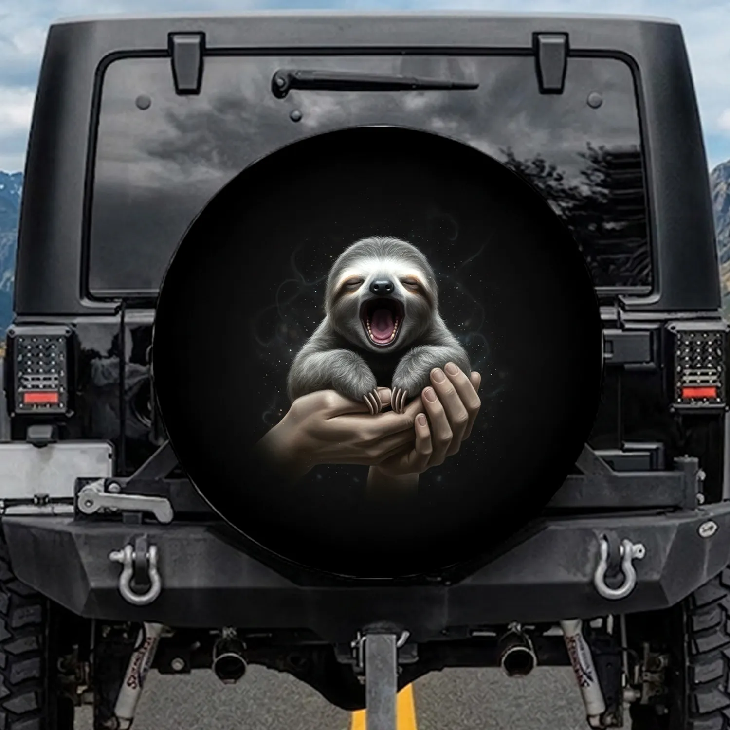 Deep Black Background Light Gray Fur Baby Sloth Yawning in Human Hands - Wildlife Lover Gift Spare Tire Cover - 1
