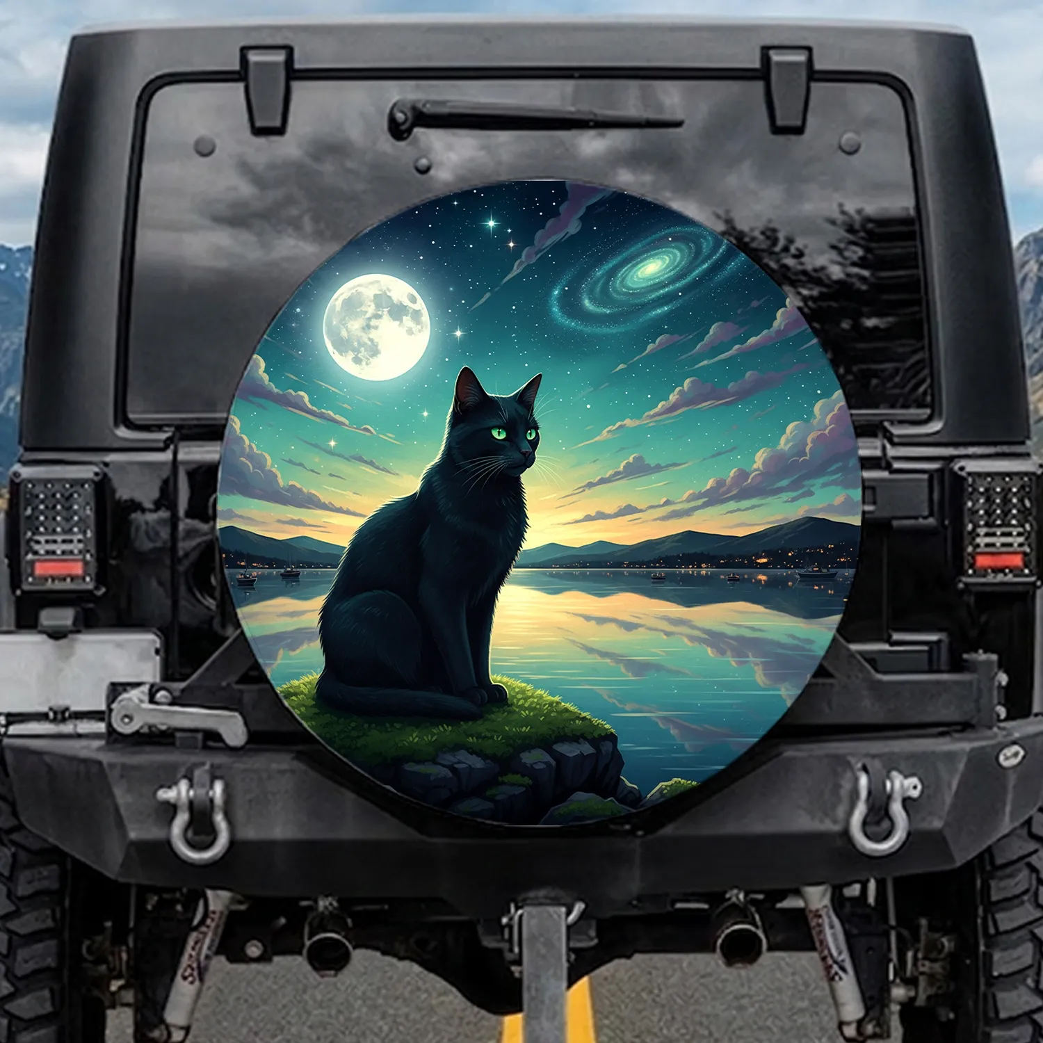 Black Cat Mossy Rock Full Moon Galaxy Cosmic Sky - Wildlife Lover Gift Spare Tire Cover - 1