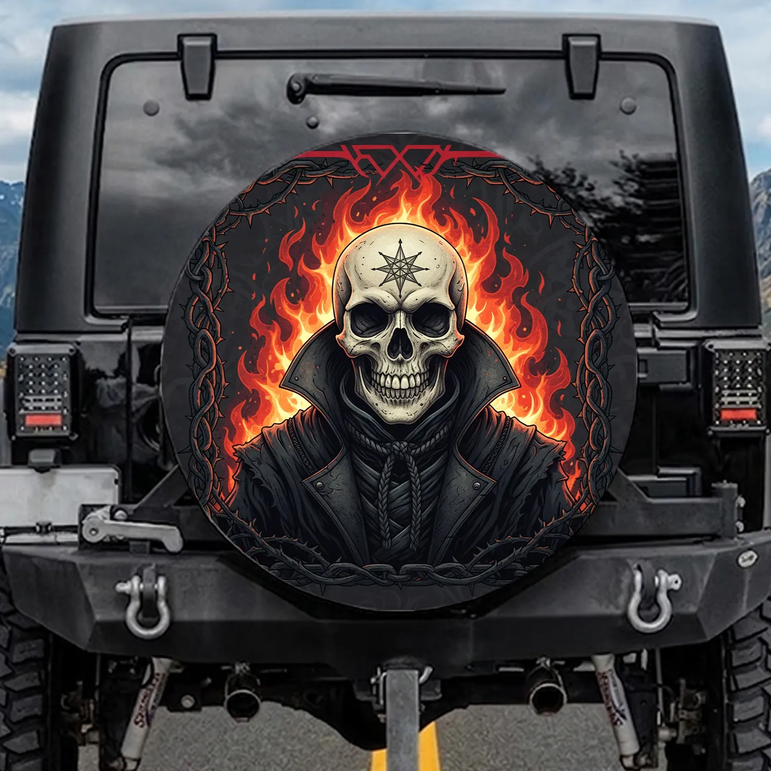 Grinning Skull Star Symbol Fiery Flames Ornate Frame - Car Decor Gift Spare Tire Cover - 1