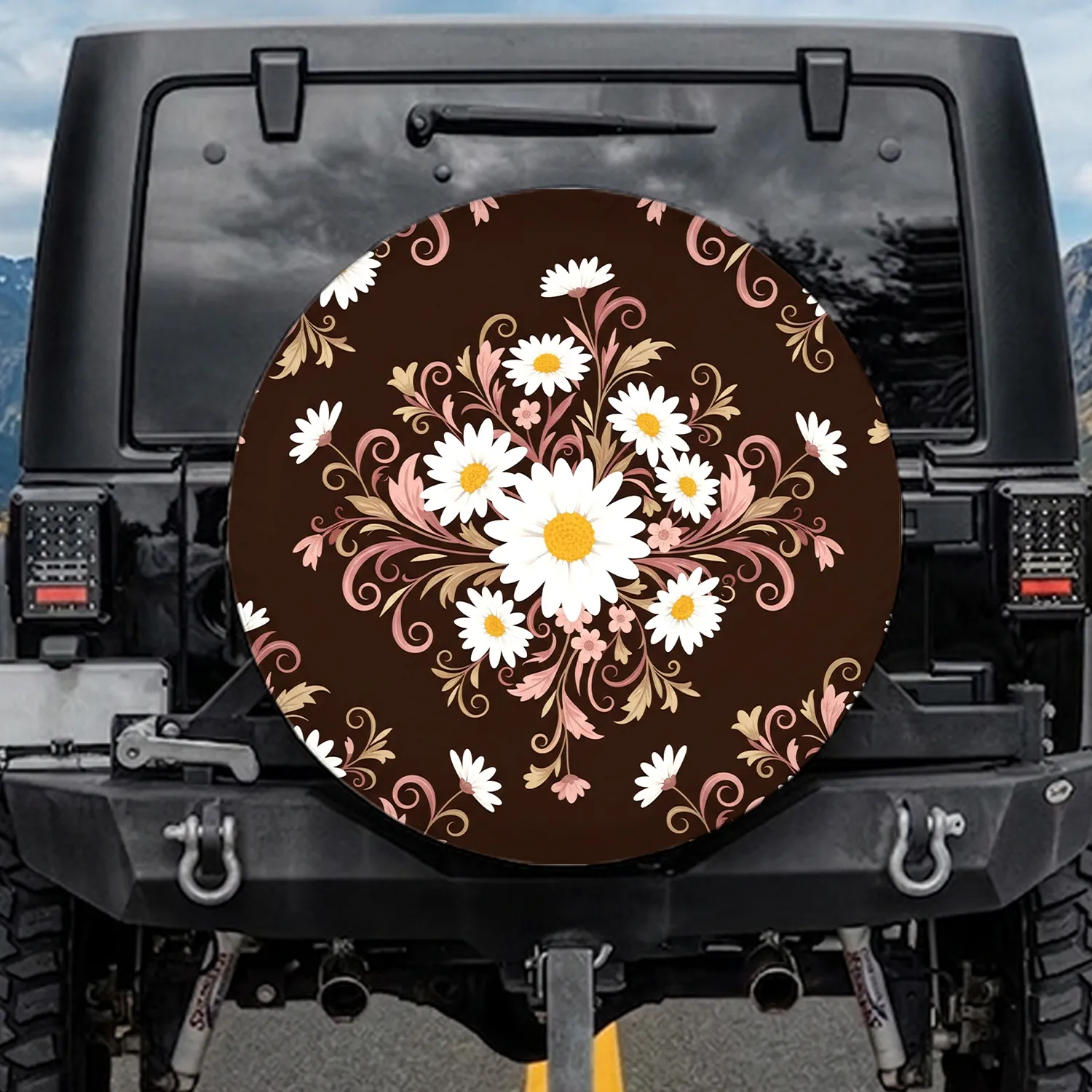 White Daisy Flowers Botanical Leaves Floral - Garden Lover Car Decor Gift Spare Tire Cover - 1