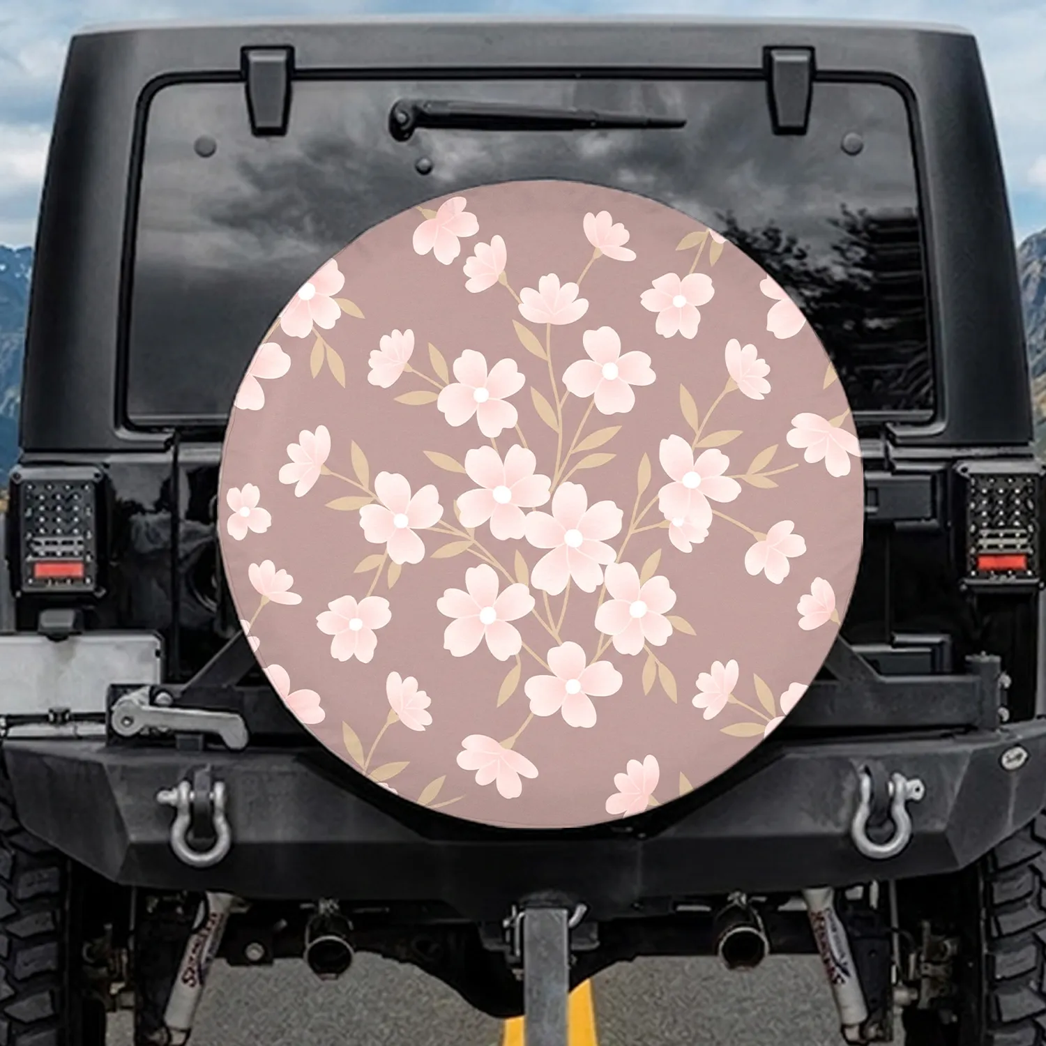Pink Five-Petal Flowers White Centers Golden Stems Elongated Leaves Spare Tire Cover - 1