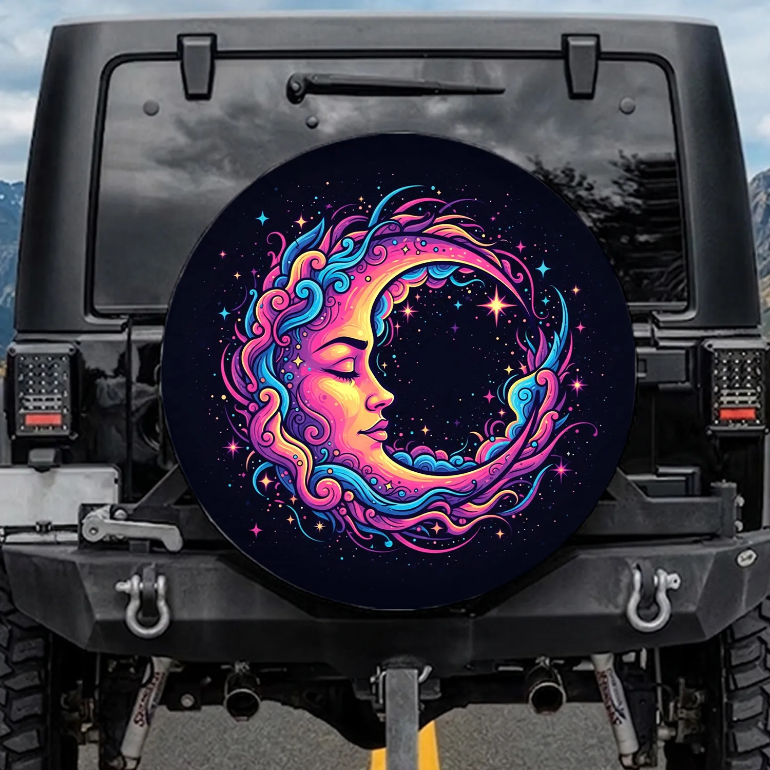 Crescent Moon Feminine Face Cosmic Nebulae - Fantasy Lover Gift Spare Tire Cover - 1