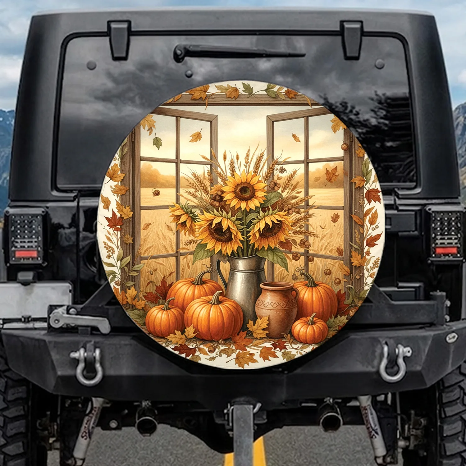 Autumn Sunflowers Pumpkins Wheat Rustic Window - Autumn Car Decor Gift Spare Tire Cover - 1