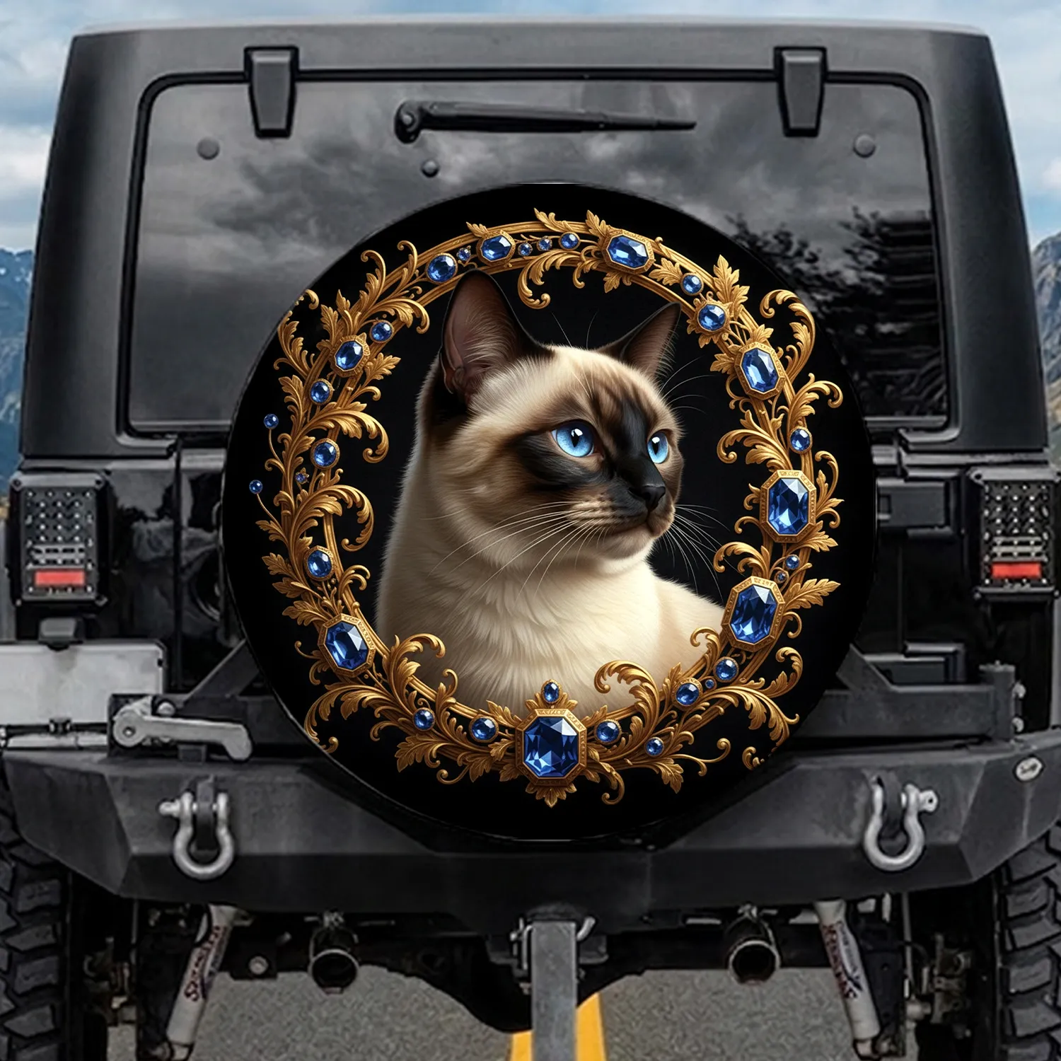 Regal Siamese Cat Gold Frame Sapphire Jewels - Luxury Car Accessory Cat Lover Gift Spare Tire Cover - 1