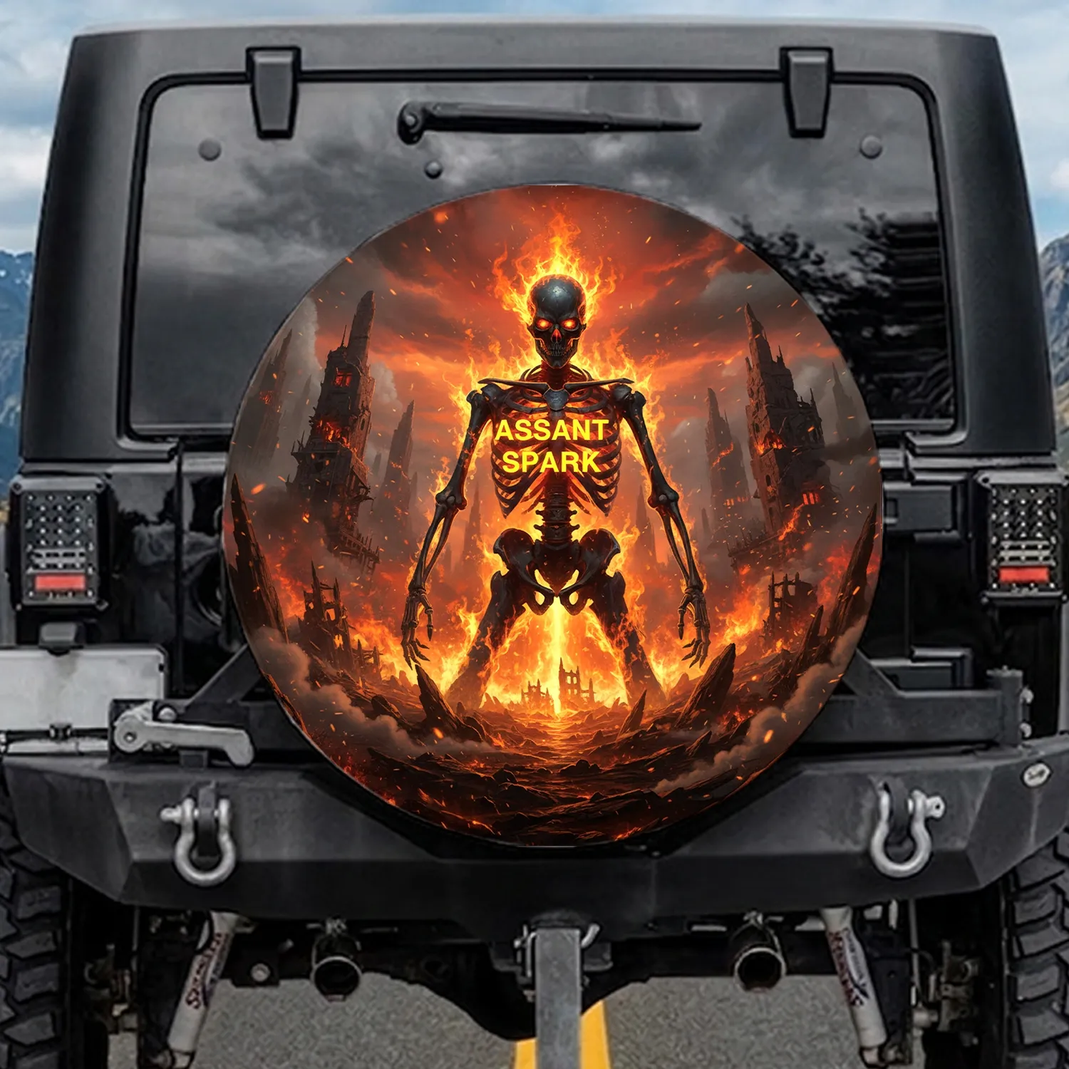 Ominous Assant Spark Flaming Skeleton Burning City Ruins - Apocalyptic Fan Gift Spare Tire Cover - 1