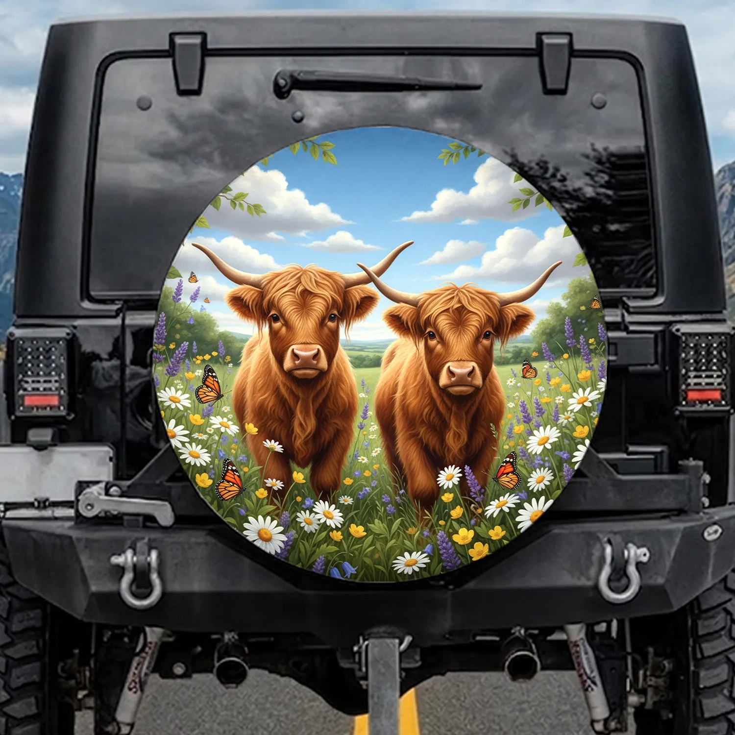 Highland Calves Wildflower Meadow - Farmhouse Decor Gift for Cow Lover Spare Tire Cover - 1