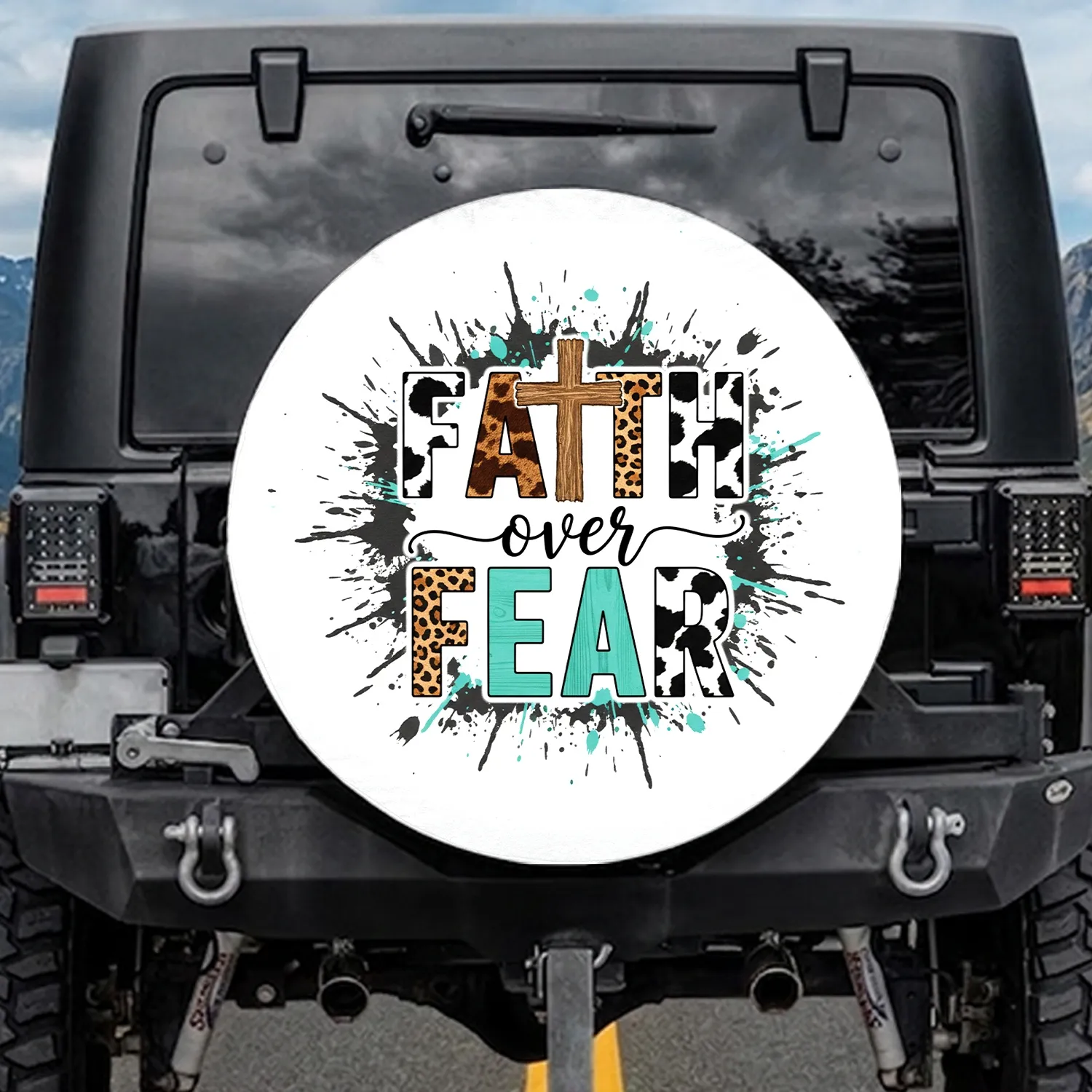 FAITH over FEAR Animal Print Rustic Cross Turquoise Teal - Encouragement Faith Gift Spare Tire Cover - 1