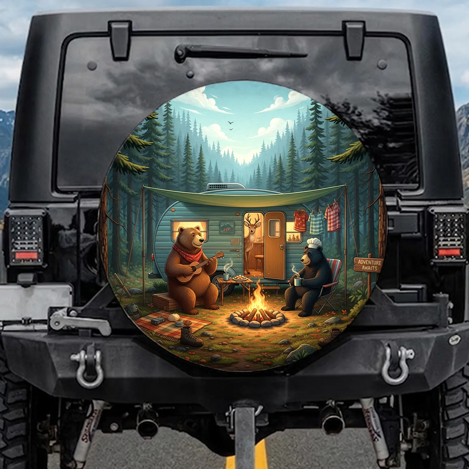 Bears Deer Camping Trip Forest Adventure - Wildlife Lover Car Decor Gift Spare Tire Cover - 1