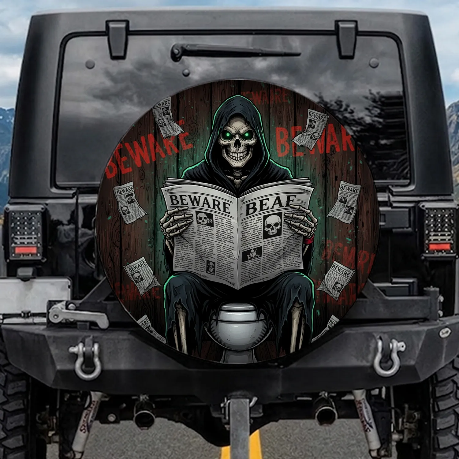 Grinning Skeleton Beware Commode - Gothic Decor Gift for Horror Fans Spare Tire Cover - 1
