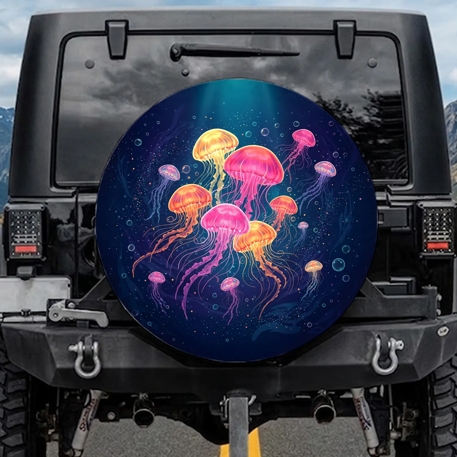 Dynamic Bioluminescent Jellyfish Deep Ocean Underwater Glow - Travel & Ocean Lover Gift Spare Tire Cover - 1