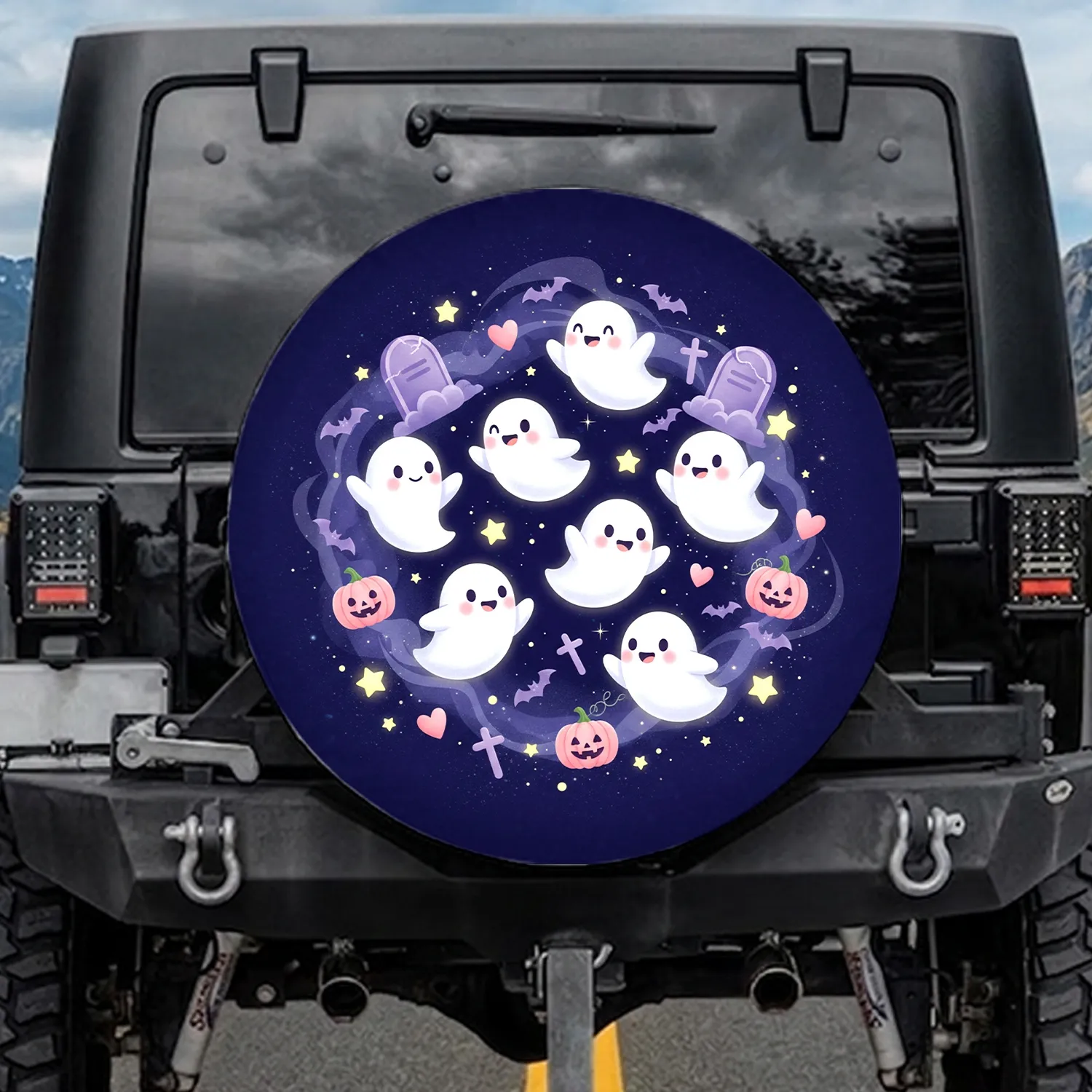 Smiling White Ghosts Gravestones Jack-o'-Lanterns - Halloween Decor Gift Spare Tire Cover - 1