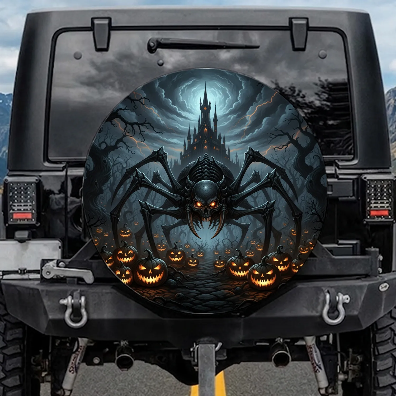 Dark Skull Spider Jack-o-Lanterns Gothic Castle - Halloween Home Decor Gift Spare Tire Cover - 1
